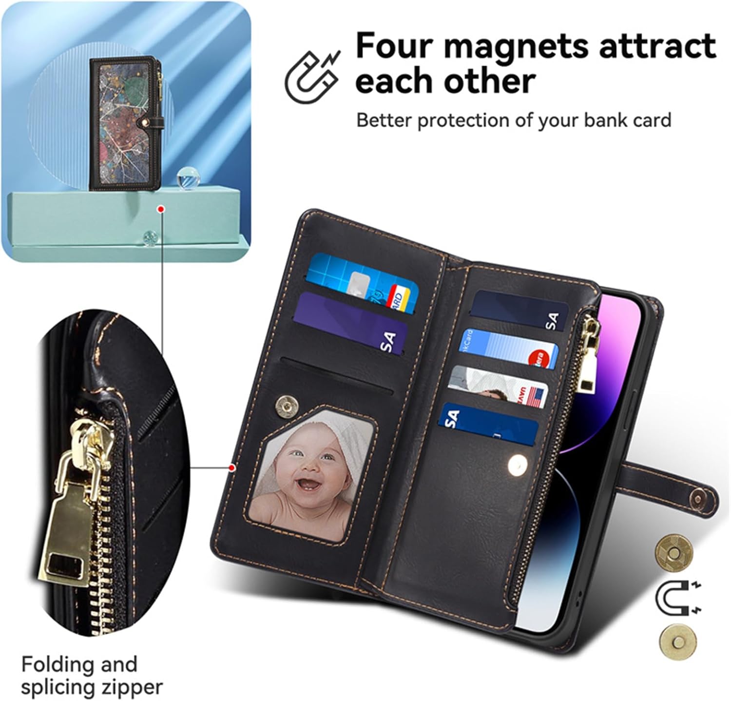 Crossbody Case for iPhone 15 Pro Max/15 Pro/15 Plus/15, RFID Blocking Card Holder PU Leather Magnetic Closure Flip Kickstand Case with Long Shoulder Strap Wristlet