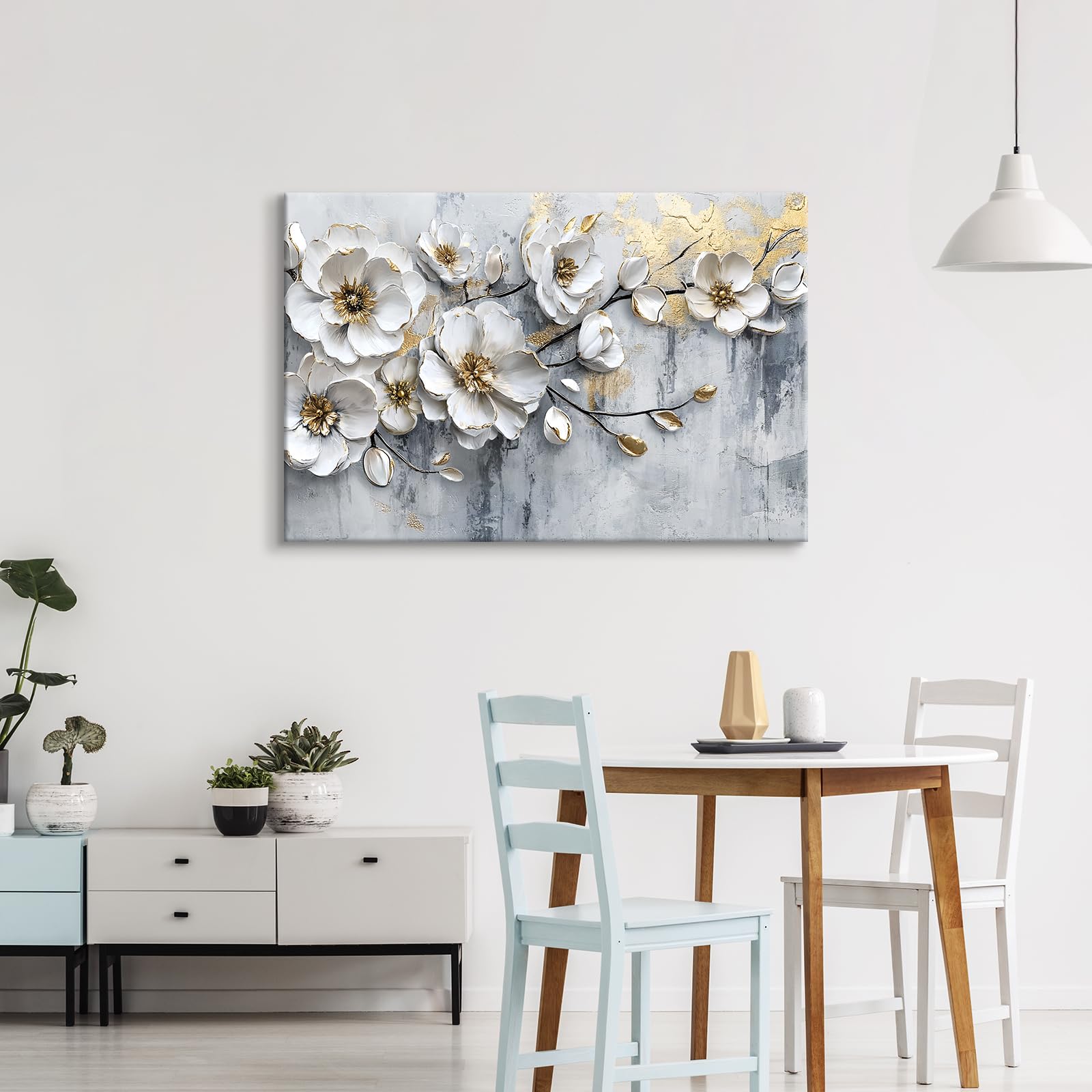 WENGTIAO Stampa su Tela Peonia Bianca Floreale Incorniciato Grande Quadro su Tela Estetica Fiori Bianchi Pittura Quadri Moderni Soggiorno Camera da Letto Casa Decorativo Parete 120x80 cm