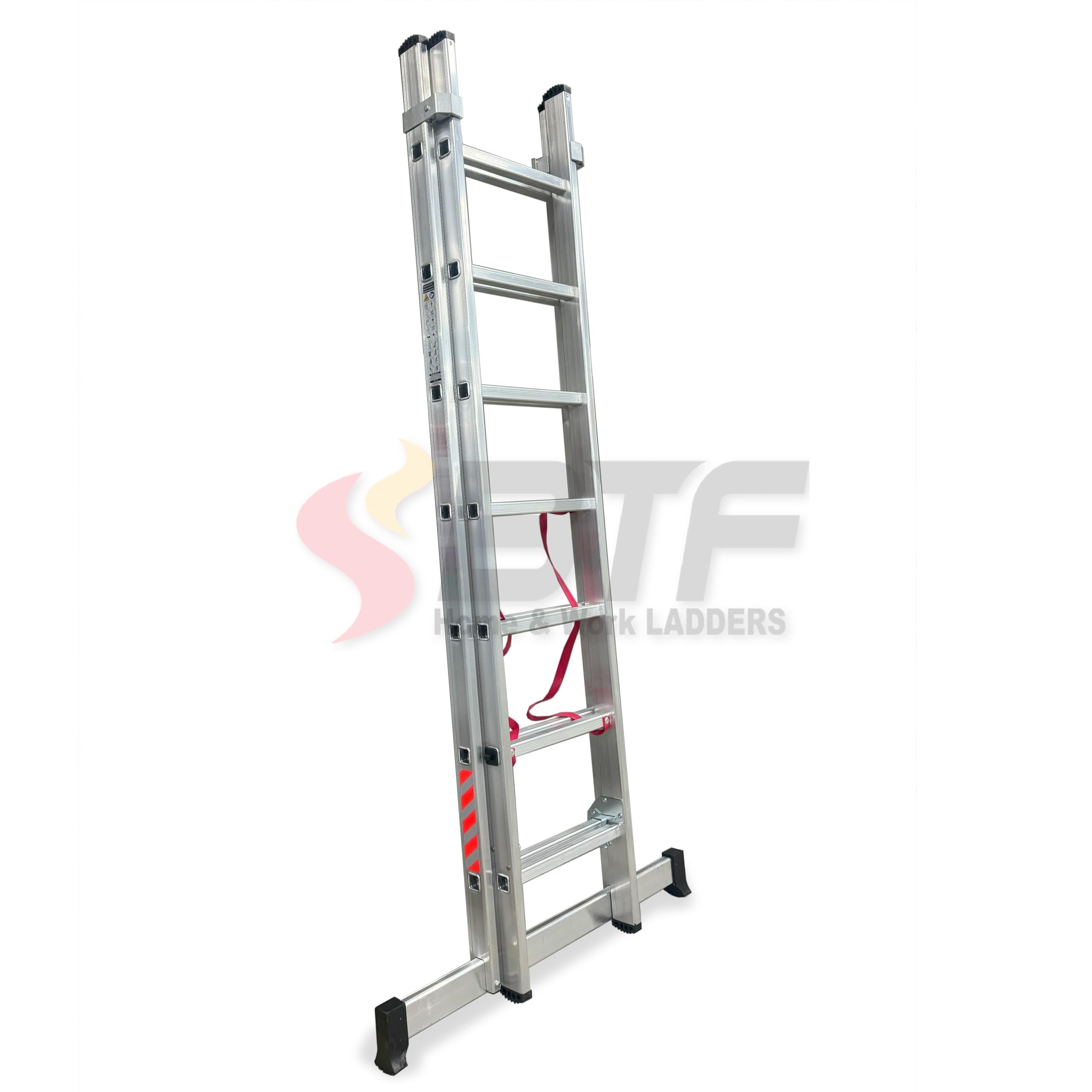 BTF | Escalera Plegable Aluminio Transformable 2 Tramos | Combinada 2 Secciones x 7 Peldaños, Escalera de Tijera y Extensible de Apoyo, Altura Apoyo 3,1m, Tijera 1,9m, Certificada EN131 Uso Doméstico