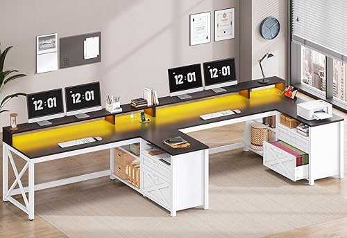Miniatura 3 de SEDETA Escritorio esquinero para computadora, escritorio de juegos en forma de L de 55" con cajones de almacenamiento y toma de corriente,