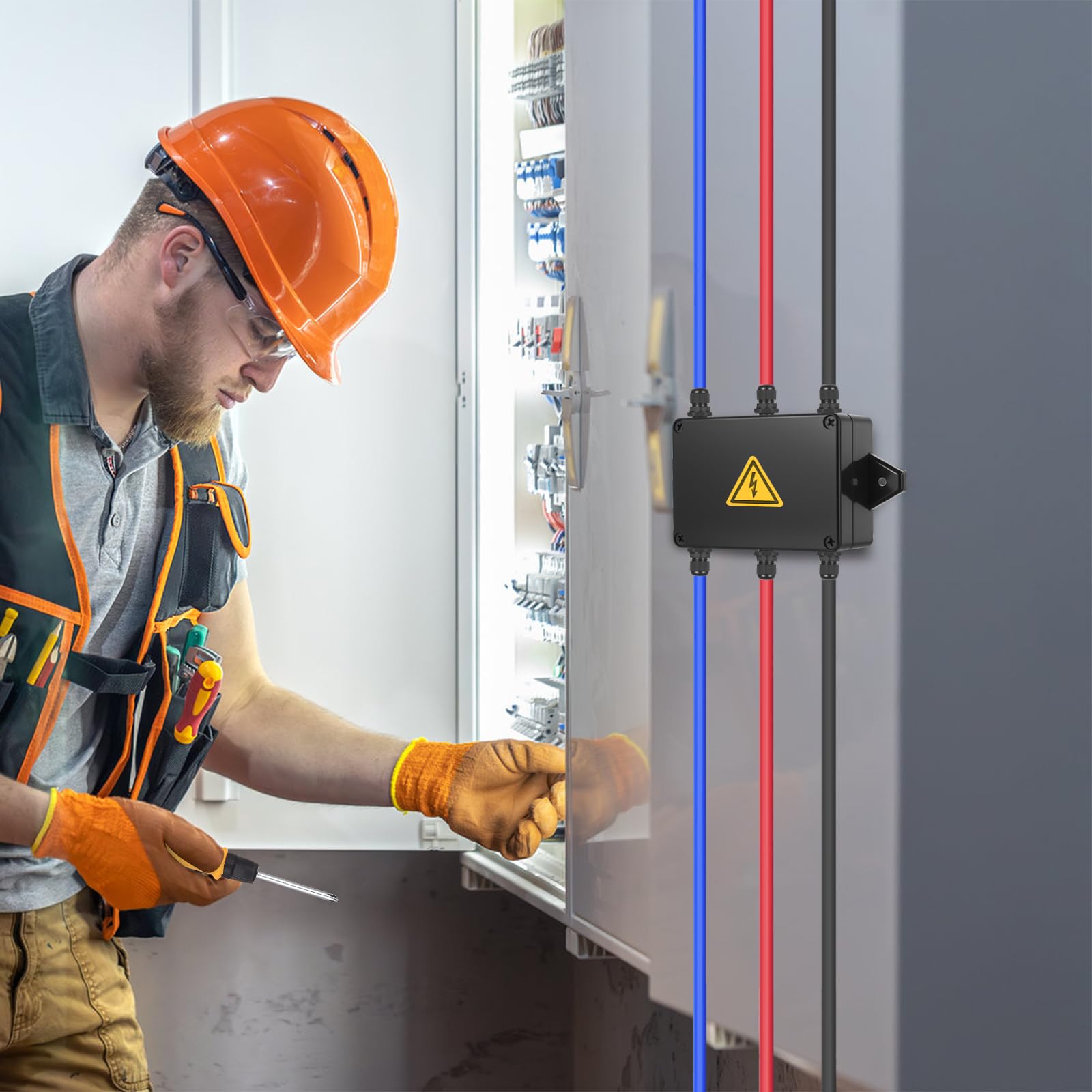 Puszka przyłączeniowa, wodoszczelna IP65, skrzynka instalacyjna elektryczna (czarna), z otwornicą 16 mm, śrubokrętem i oznaczeniem bezpieczeństwa, pałąk ochronny na kabel – 83 x 58 x 33 mm