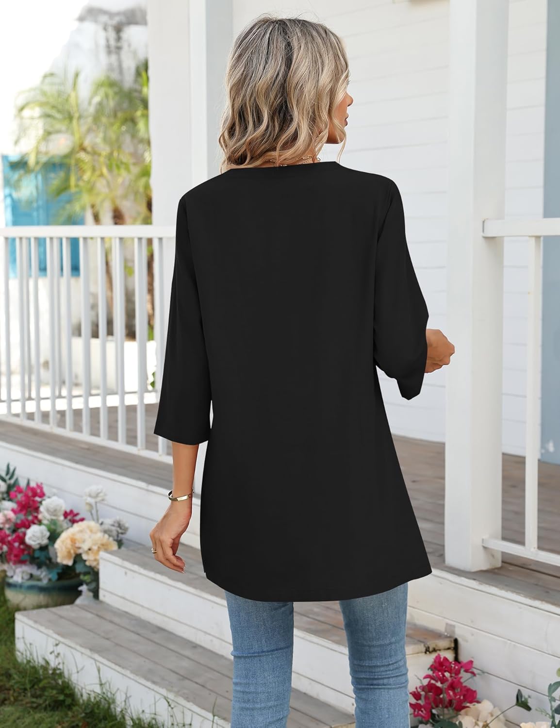 AKEWEI Womens Blouses Casual 3/4 Sleeve Tops for Women V Neck Tunics to Wear with Leggings Swing Flare - Image 3