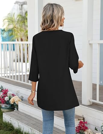 AKEWEI 3/4 Length Sleeve Cotton Linen Womens Tops V Neck Loose Fit Dressy Casual Blouse Flowy Shirts Womens Clothing