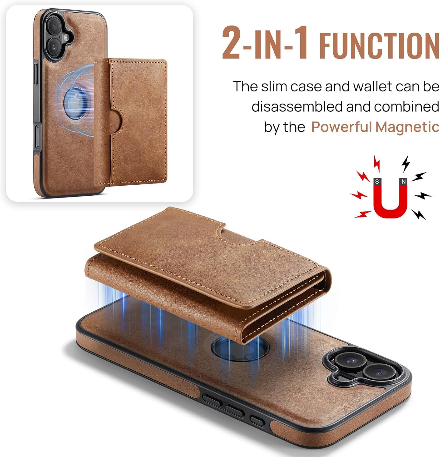 Asuwish Phone Case for iPhone 16 6.1 inch Wallet Magnetic Detachable Cell Cover with Wireless Charging and RFID Blocking Credit Card Holder Flip Stand Kickstand i Phone16 i16 16Case Women Men Brown