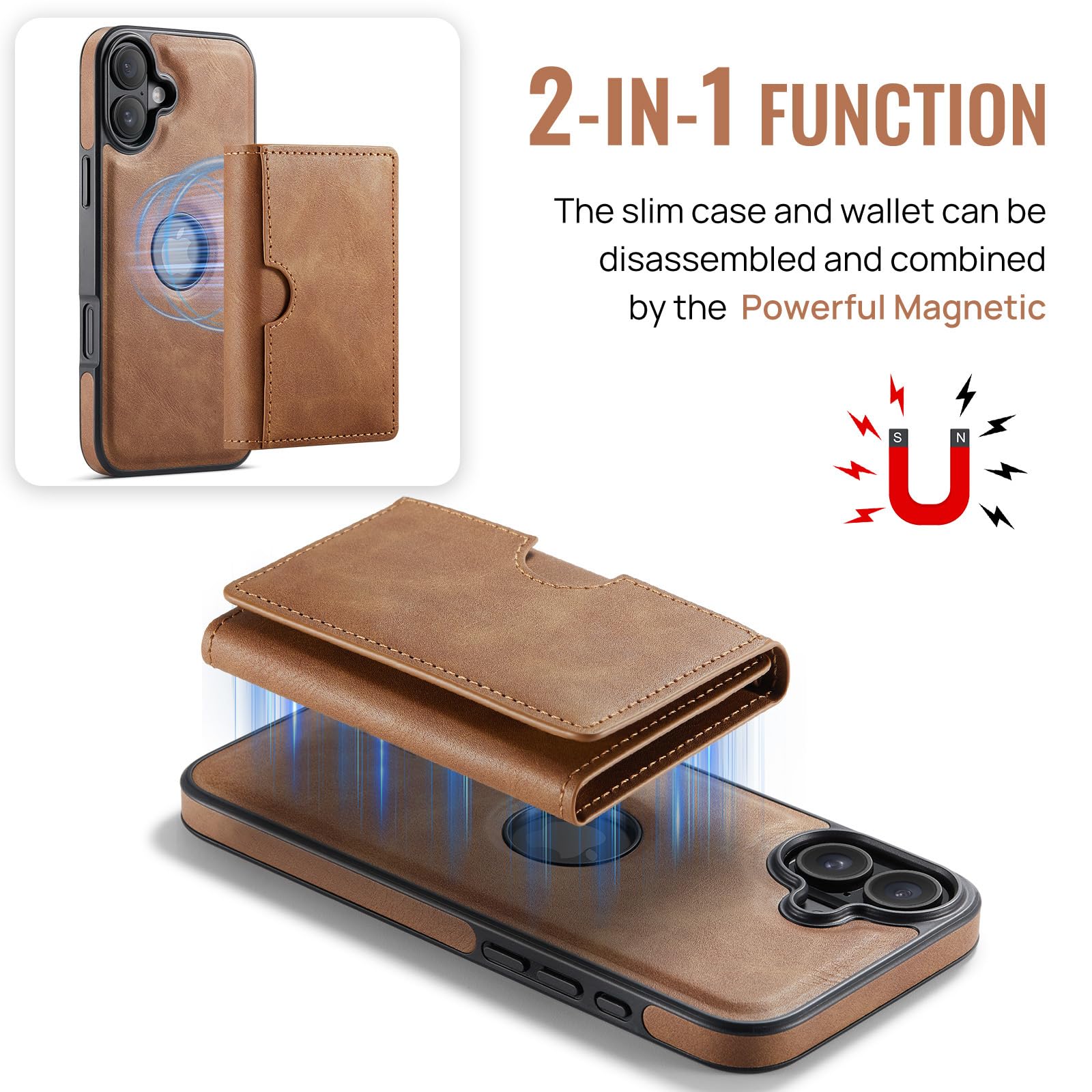 Asuwish Funda de teléfono para iPhone 16 de 6.1 pulgadas, funda magnética desmontable con carga inalámbrica y bloqueo RFID, soporte para tarjetas de crédito, soporte abatible para teléfono 16 i16 16