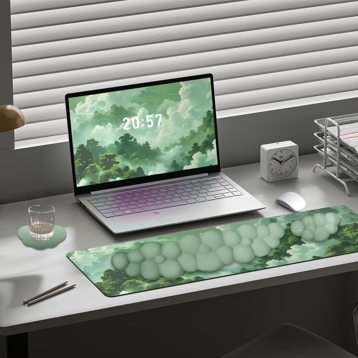 Gaming Desk Mat with Keyboard Wrist Rest Set, 4 in 1 Large Mouse Pad & Cloud Keyboard Wrist Rest& Mouse Wrist Rest&Coaster, Comfort and Support for Typing and Gaming（Green
