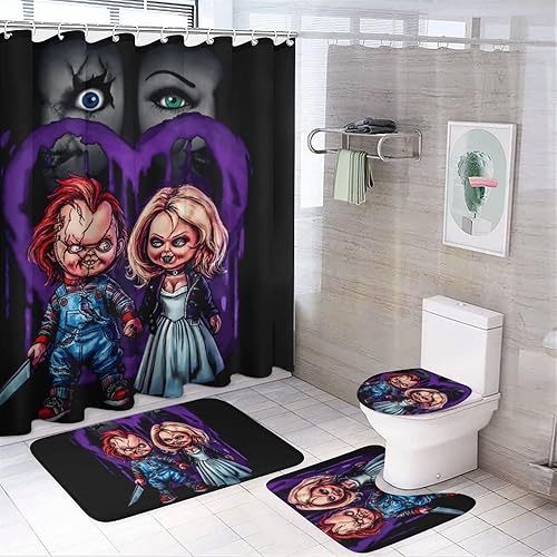 OneFale Juego de 4 cortinas de ducha Chucky de película de terror con alfombras antideslizantes, cubierta para tapa de inodoro, tapete de baño y