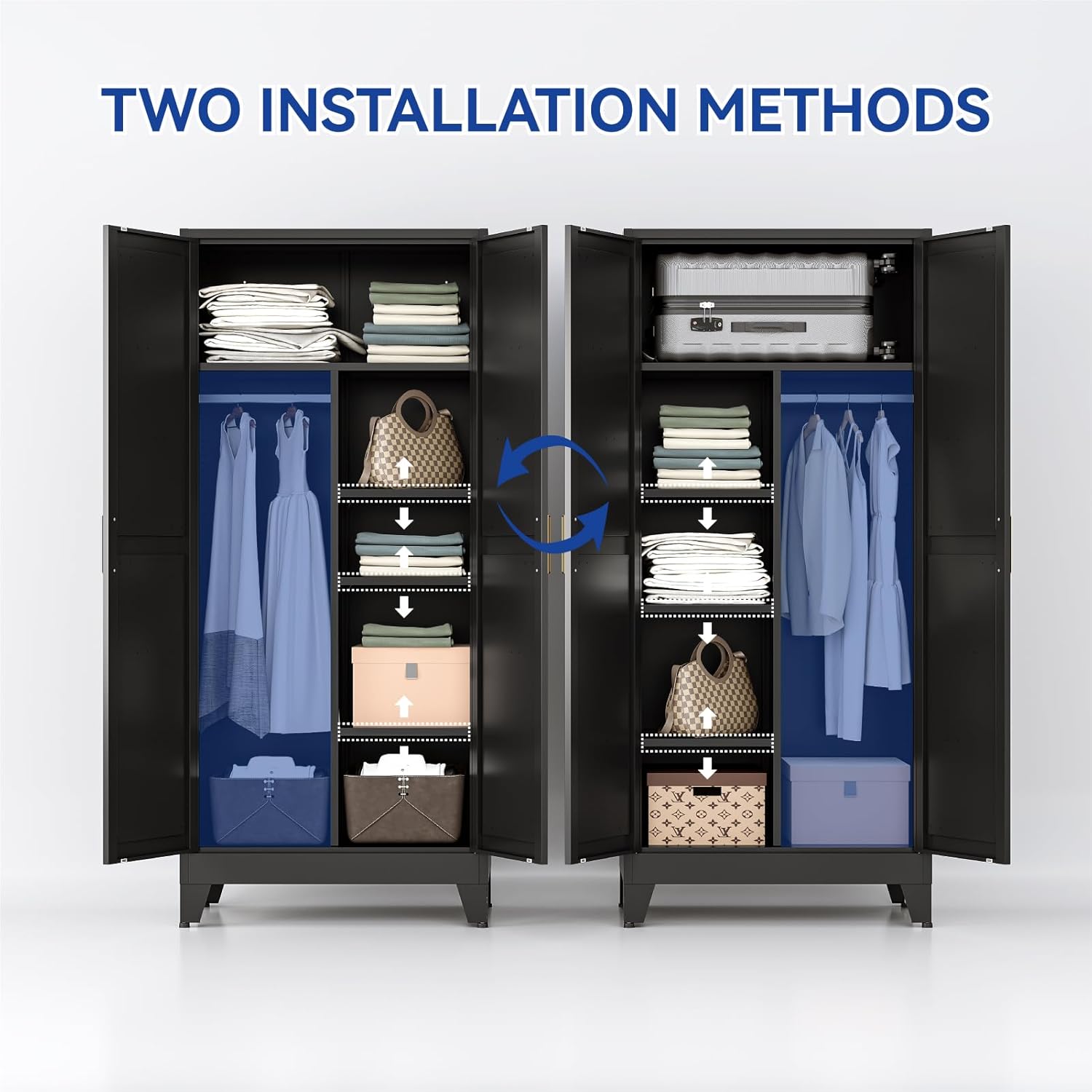 Diagram showing two different interior configurations for the COFaR Wardrobe Closet, one with more hanging space and one with more shelves.
