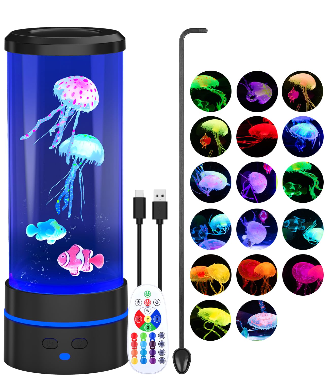 PHEJIE LED Quallenlampe mit 13 Farben & 4 Modi – Runde Aquarium-Lampe als Deko & Nachtlicht – Geschenk für Kinder/Erwachsene,Schwarz