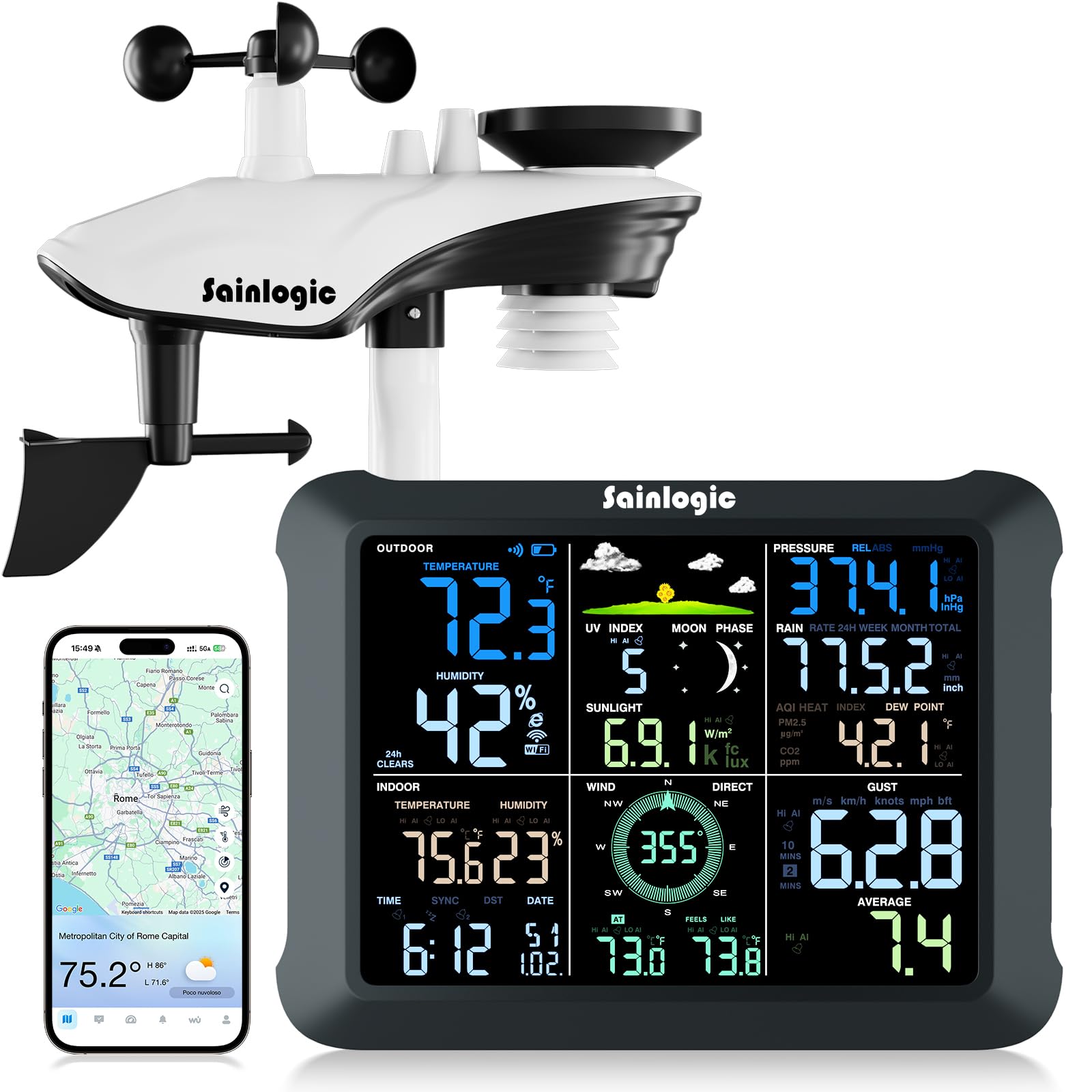 Sainlogic Stazione Meteo WiFi Intelligente SA9 con Previsioni Meteorologiche 24/7 di Weatherseed® AI, Display Grande da 8,5", UV, Pluviometro, Anemometro, Archiviazione Dati di 2 Anni (Solo 2,4 GHz)