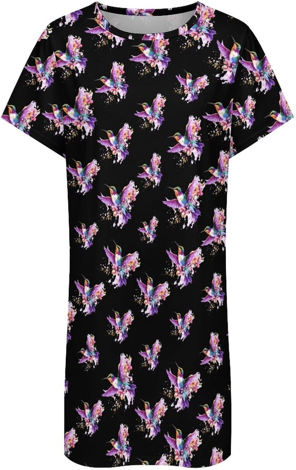 Colorful Hummingbird with Flower Nightgowns for Women Short Sleeve Sleep Dress Casual Sleepshirt Night Gowns Pajamas