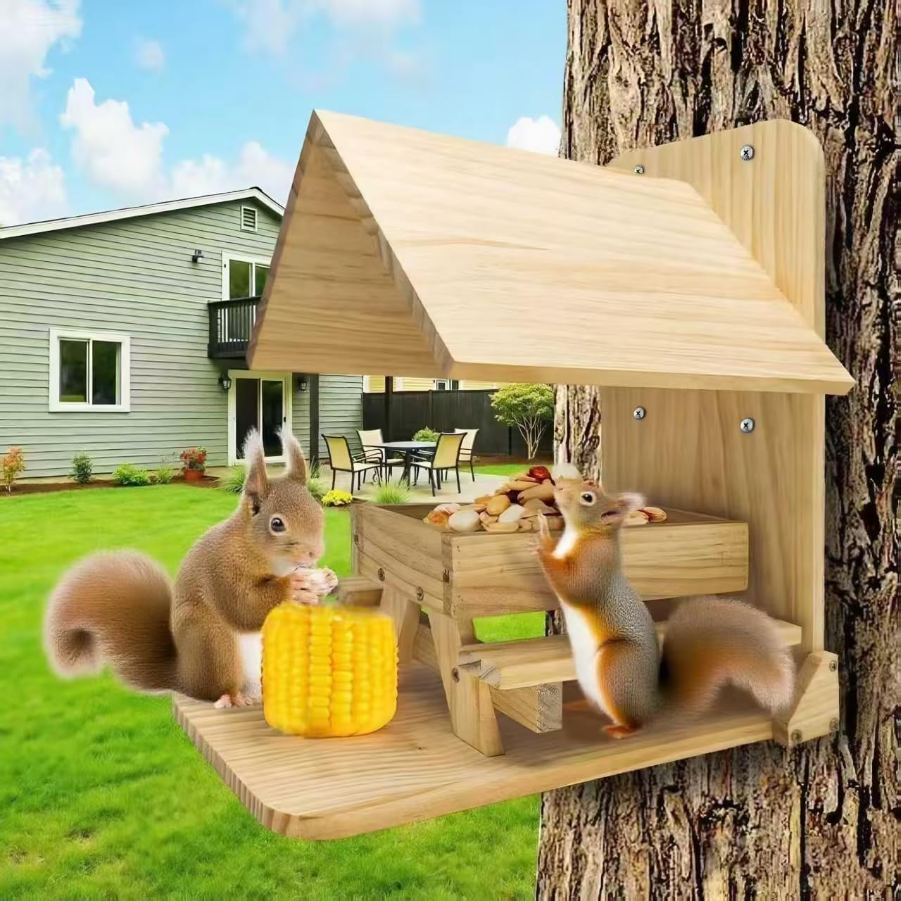 Sharmila Squirrel Feeders for Outside - Wooden Picnic Table Feeder for Squirrels and Chipmunks with Weatherproof Roof, Spacious Platform & Corn Cob Holder (Standard Legs (Slow Shipping))