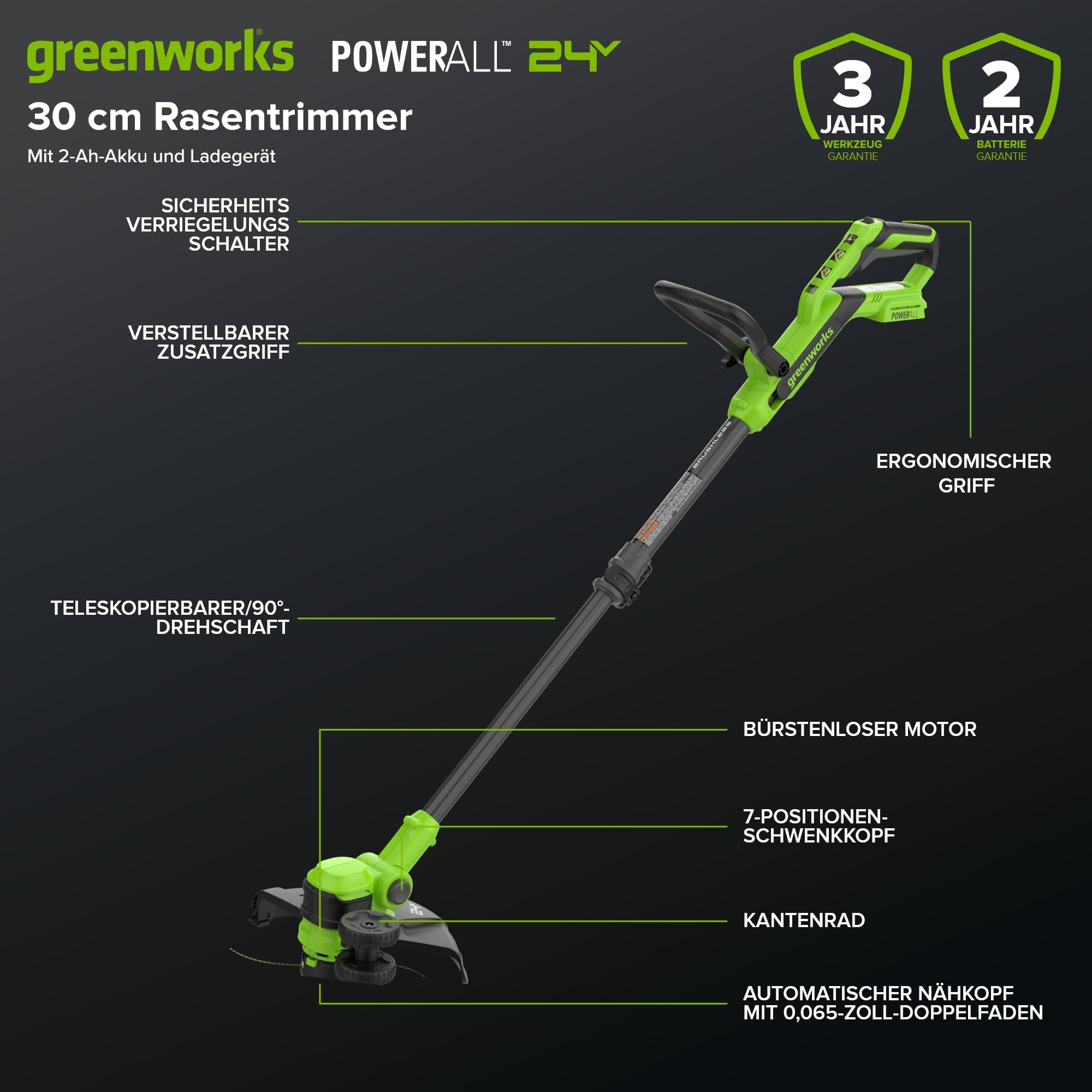 Greenworks 24V Tondeuse à Gazon sans Balai Gen2 2-en-1, Largeur de Coupe 30 cm, Batterie 2,0 Ah