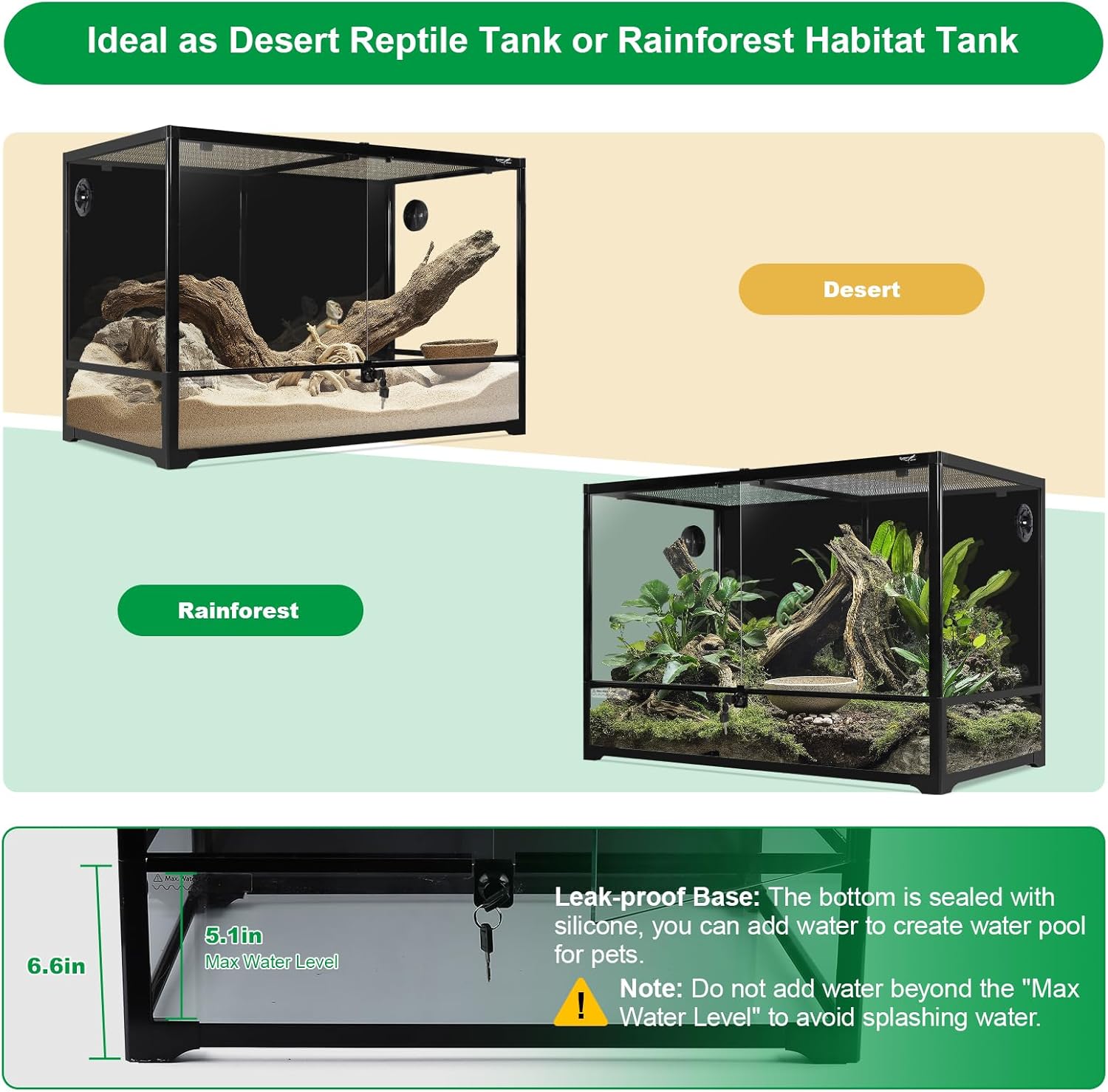 67 Gallon Reptile Tank Large Full Glass Terrarium, Bearded Dragon Tank Front Opening Reptile Enclosure Cage with Anti Escape Ventilated Top Lid for Snake Gecko Lizard Turtle 36''x18''x24''