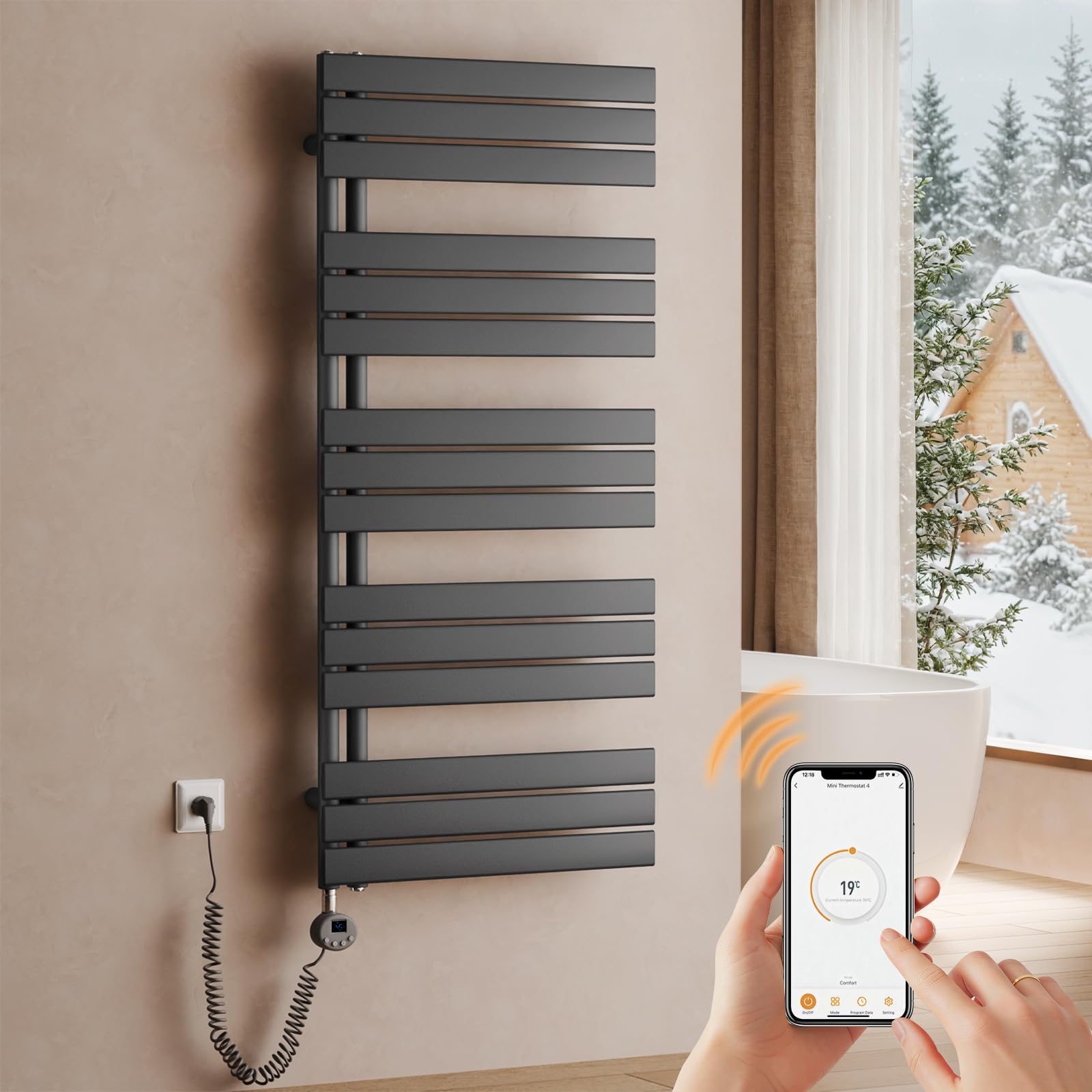 S'AFIELINA Scaldasalviette Elettrico Bagno WiFi 1320×600mm, termoarredo Elettrico Bagno con termostato, programmabile, LCD, 800 W, scalda Asciugamani Elettrico a Basso consumo, Antracite