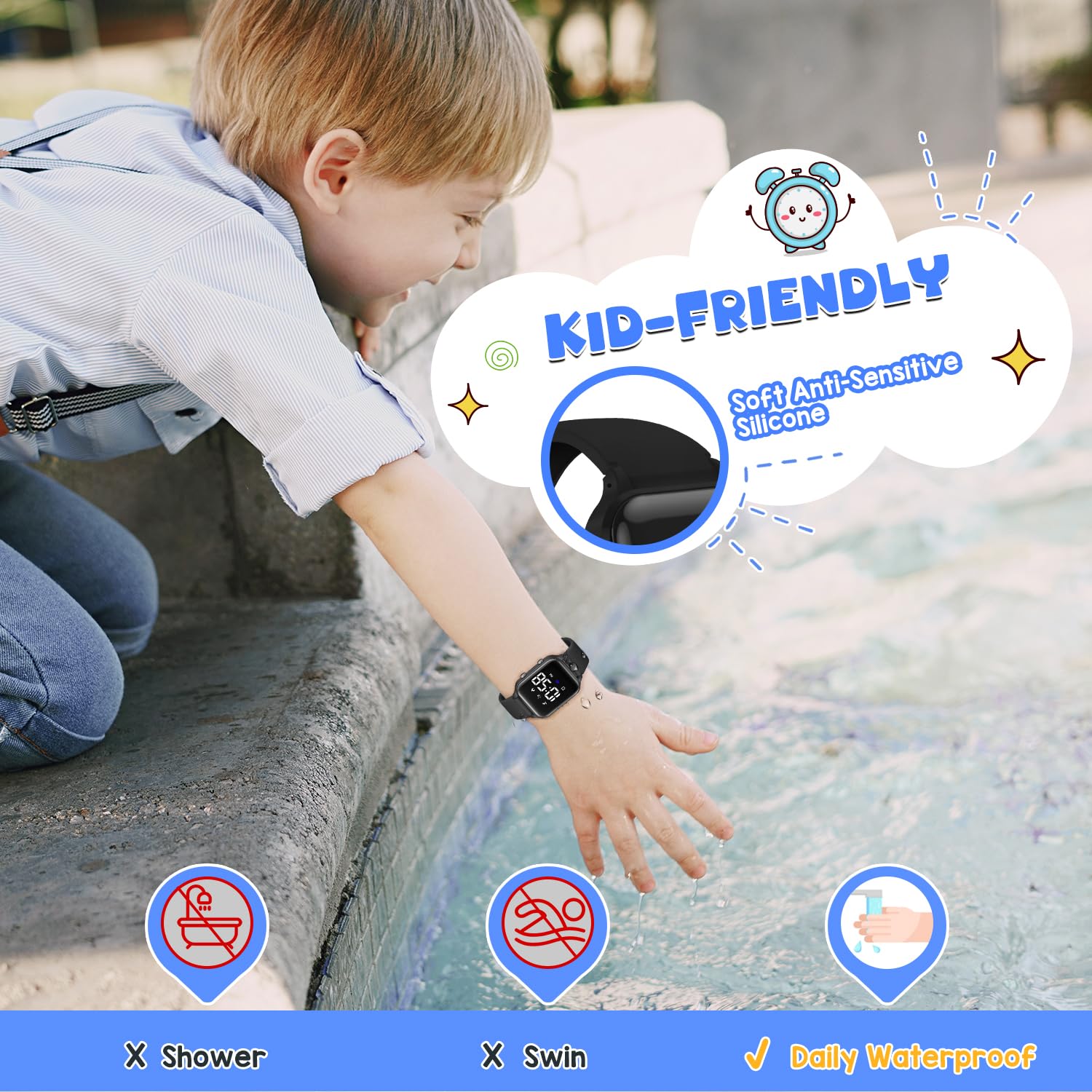 caprock Montre Numérique LED Podomètre pour Enfants, Montres Sport pour Fille Garcon étanche 50 ATM Montre Digitale Enfant avec calcul de la Distance/Vibration, Double réveil/chronomètre