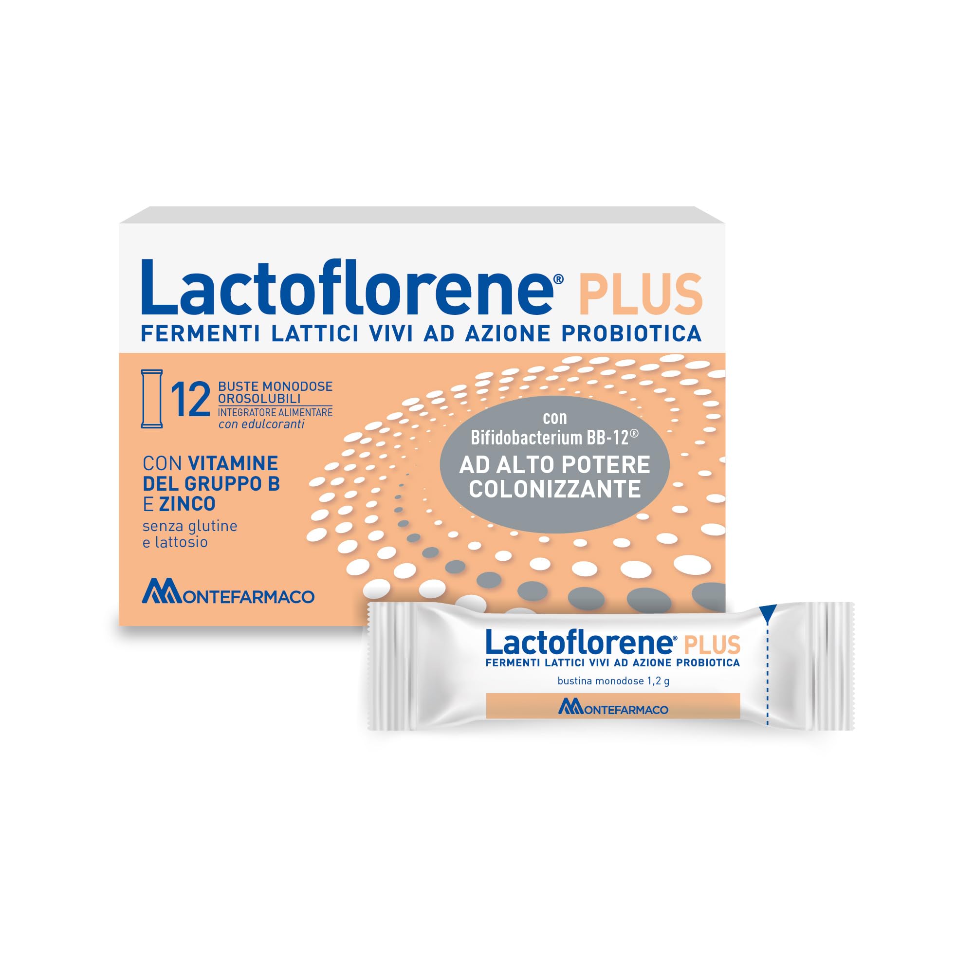 Lactoflorene Plus, Fermenti Lattici, Probiotici, Senza Glutine Senza Lattosio - Integratori Adulti a base di Probiotici con Zinco e Vitamina B per l'Equilibrio della Flora Intestinale (12 Bustine)