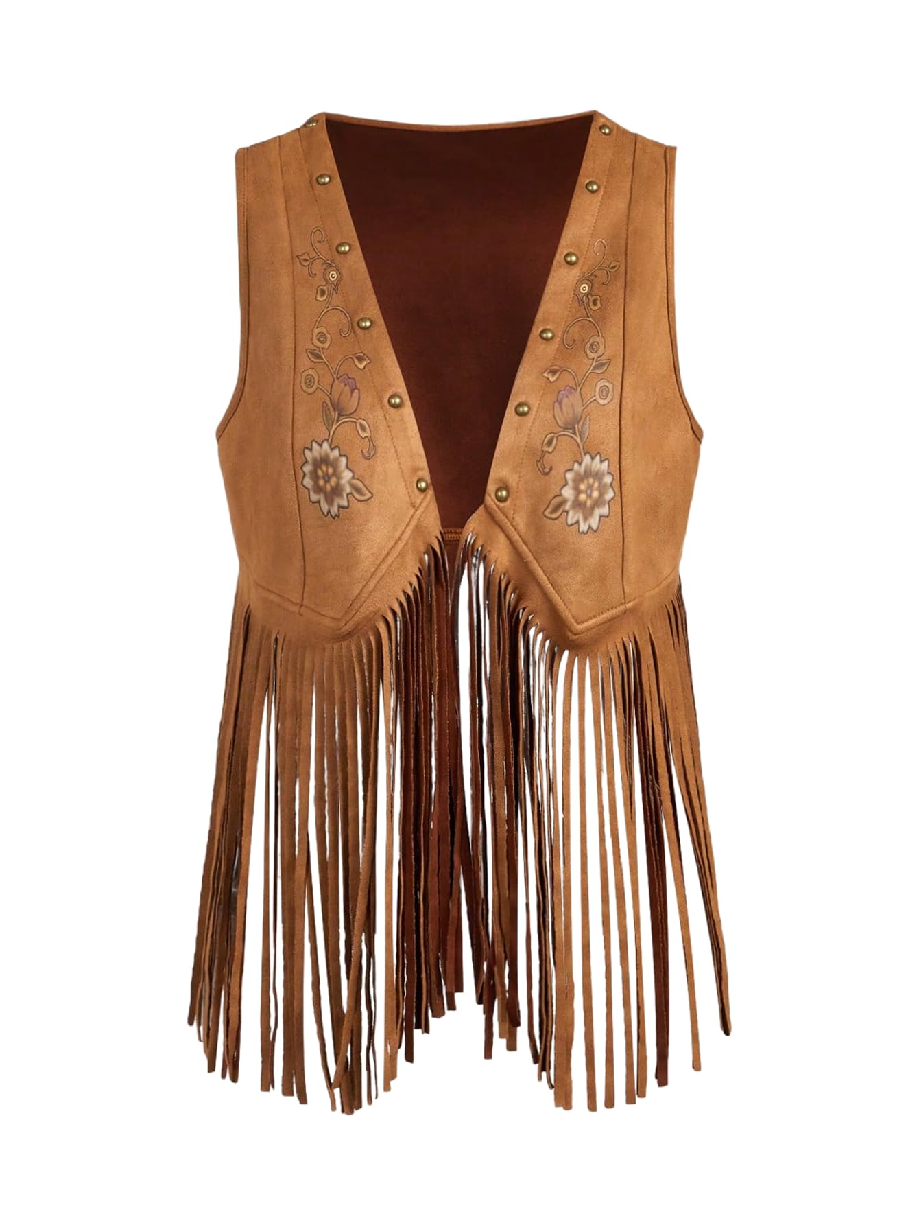MakeMeChic Womens Fringe Suede Floral Vest Top Studded Boho Cowgirl Jacket Outerwear