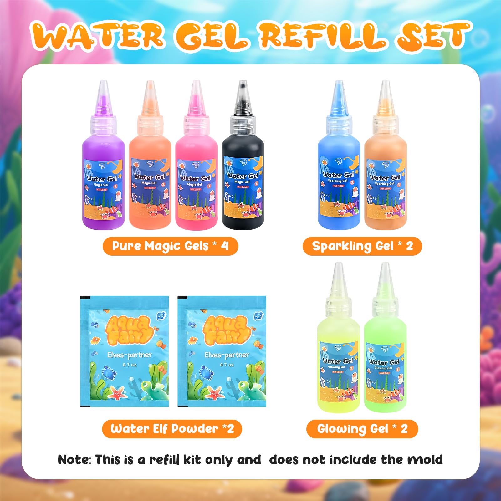 Dreamon Aqua Gelz Set Ricarica per Bambini – Compatibile con Magic Gel Toy Set – 8 Colori Water Gel e 2 Bustine di Cloruro di Calcio