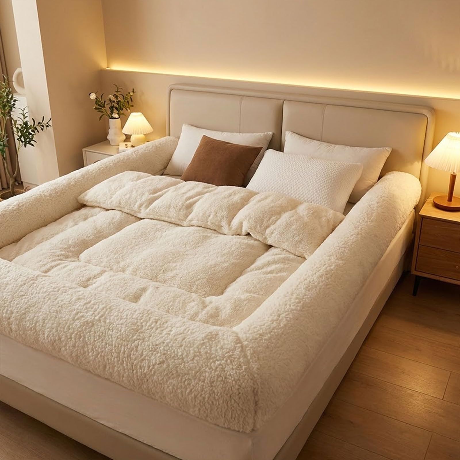 Sábana de cama con bordes acolchados, sábana bajera de sherpa con bordes elevados para un sueño seguro, cierre suave similar a un nido, bolsillo profundo antideslizante, transpirable y lavable a