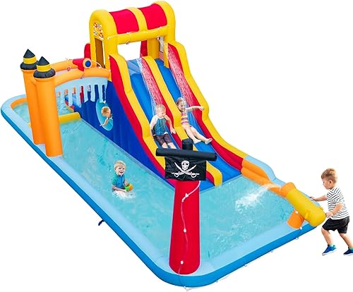 BOUNTECH Parque acuático inflable de 23 x 10 pies, caza del tesoro Mega tobogán acuático para exteriores con toboganes dobles para diversión de