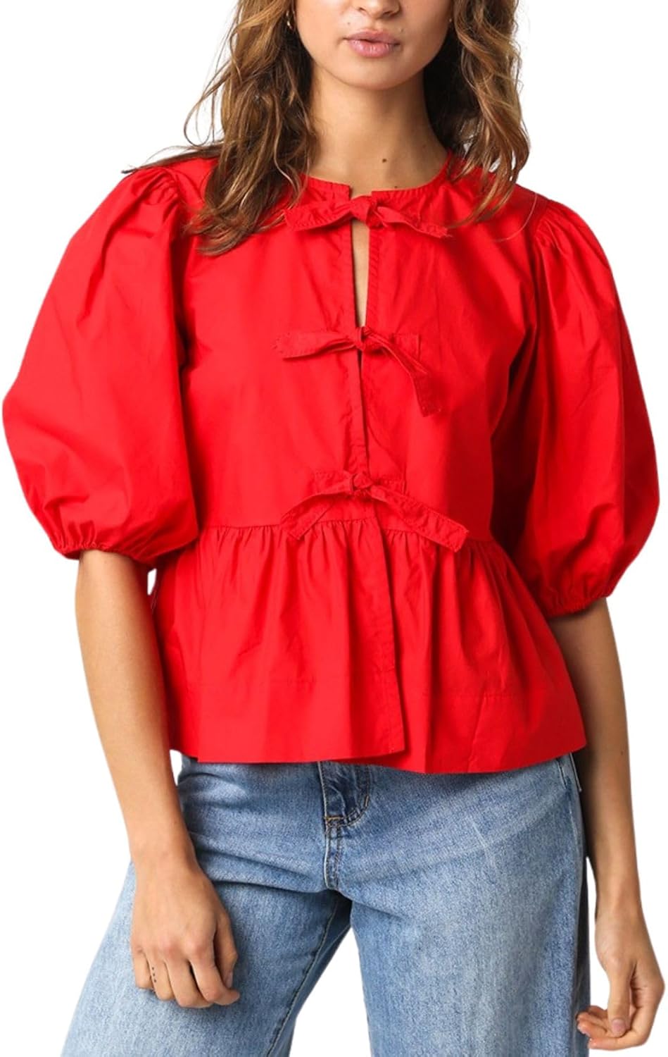 Womens Puff Sleeve Tie Front Blouse Tie Front Half Sleeve Top