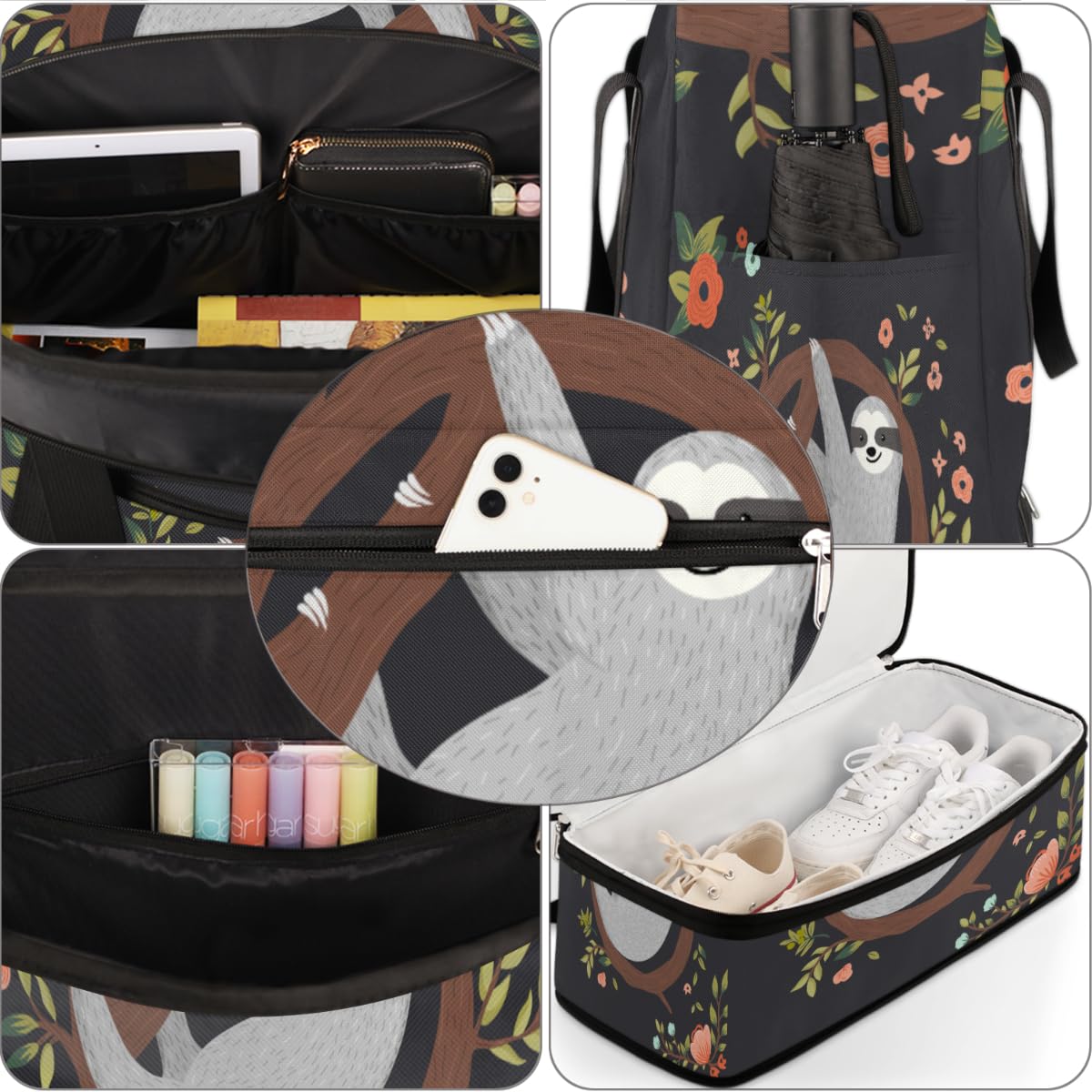 Bolsa de viaje plegable divertida con diseño de árbol de flores de perezoso, bolsa de fin de semana de 47 litros con funda de carrito para deportes, gimnasio, viajes, multicolor, 47L, Bolsa de viaje