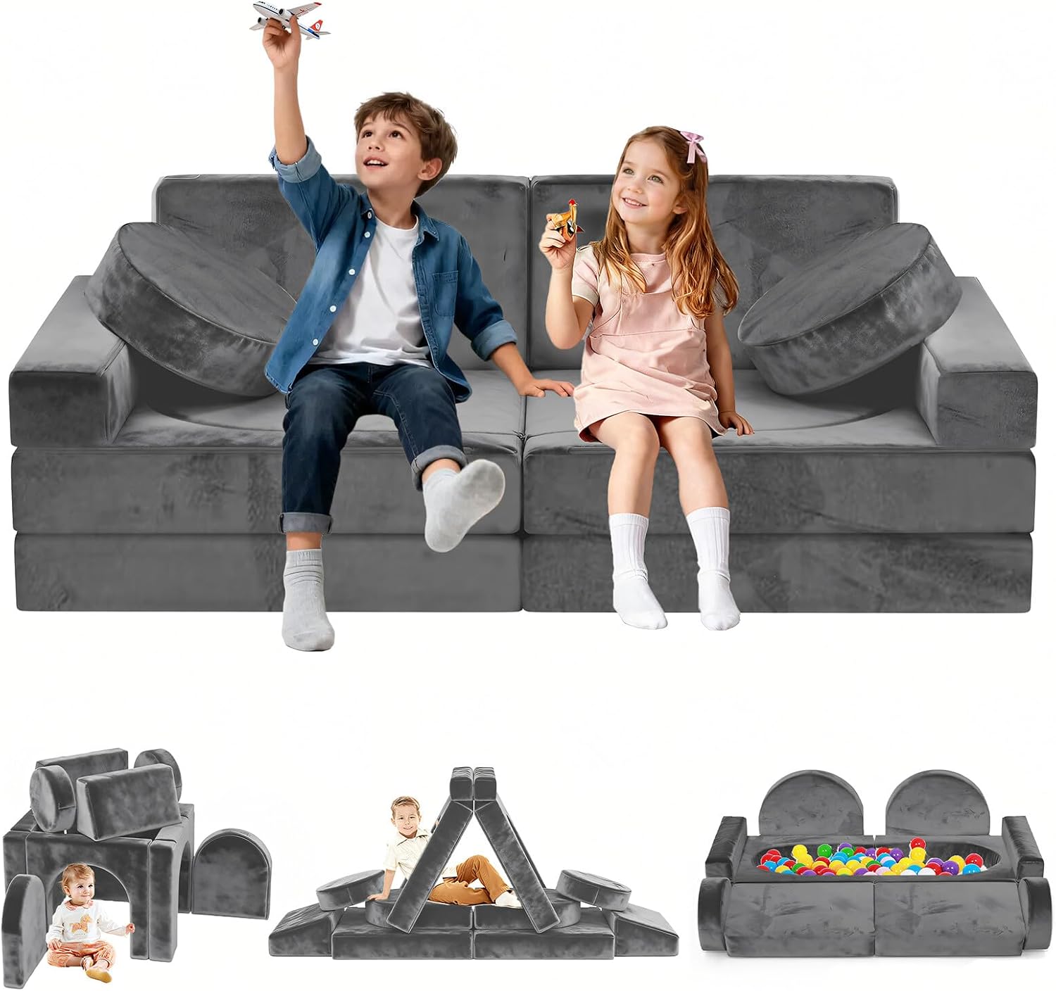 12pcs Modular Kids Play Couch - CPC Certified Convertible Toddler Sectional Sofa, Washable Durable Foam Floor Cushion for Kids Playroom (Play Fort/Castle)