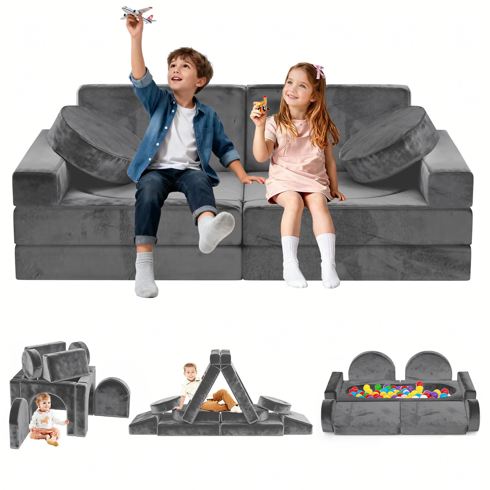 JWPEHOE 12pcs Modular Kids Play Couch - CPC Certified Convertible Toddler Sectional Sofa, Washable Durable Foam Floor Cushion for Kids Playroom (Play Fort/Castle)