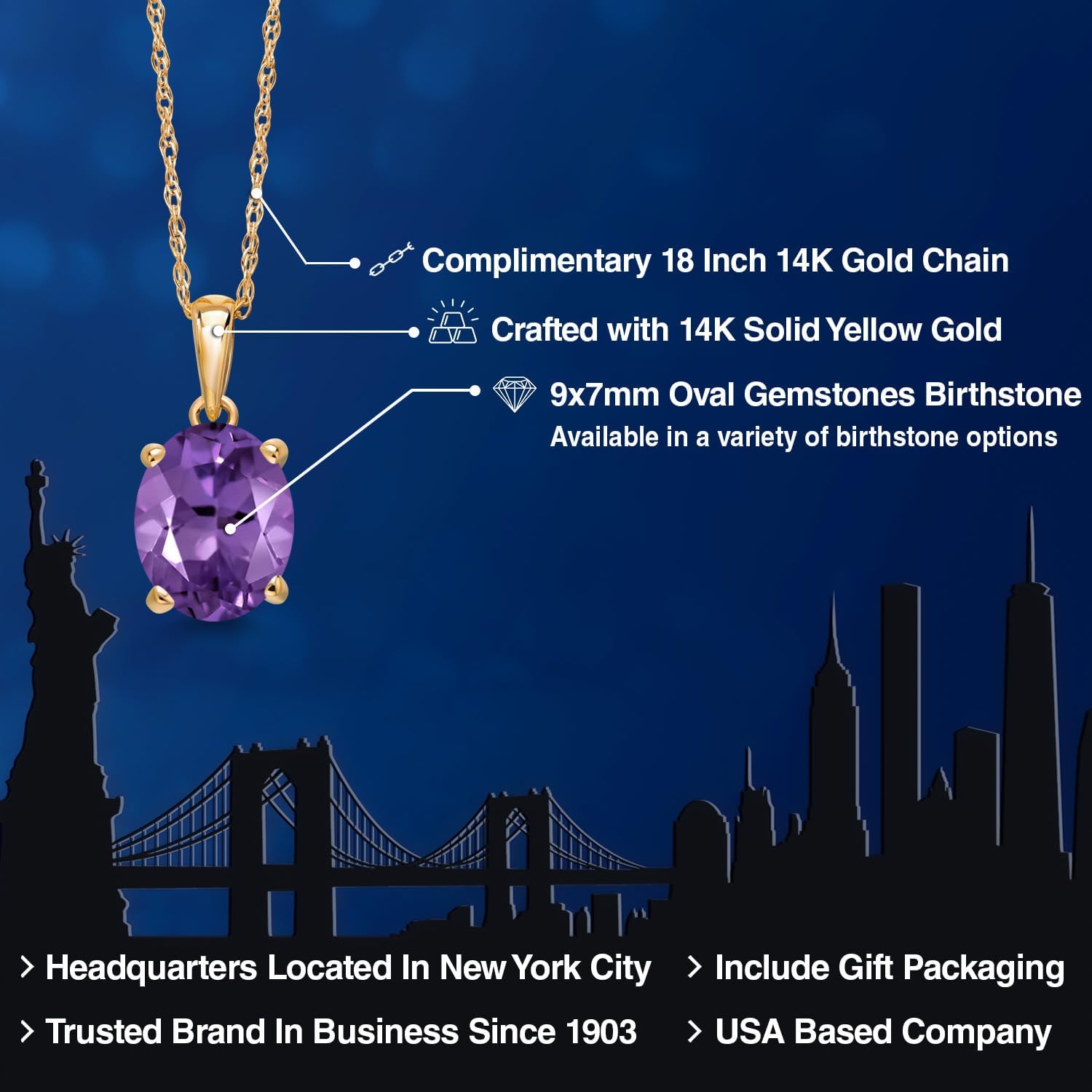 Gem Stone King 14K Yellow Gold 9X7MM Oval Gemstone Birthstone Solitaire Pendant Necklace | Gold Necklace For Women | With 18 Inch Gold Chain - Image 2