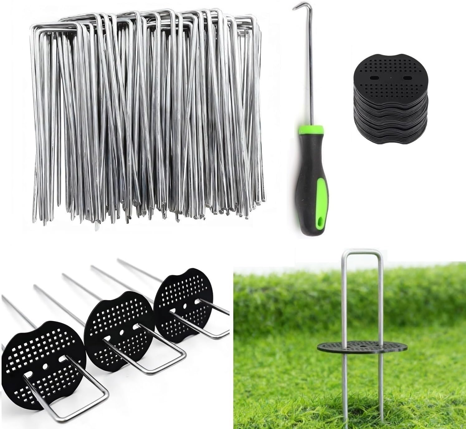 4 Inch 50 PCS Galvanized Landscape Staples with 50 PCS Gasket, Landscape Fabric Pins Stakes Lawn Ground Cover Graden Staples Spikes Weed Barrier Stakes