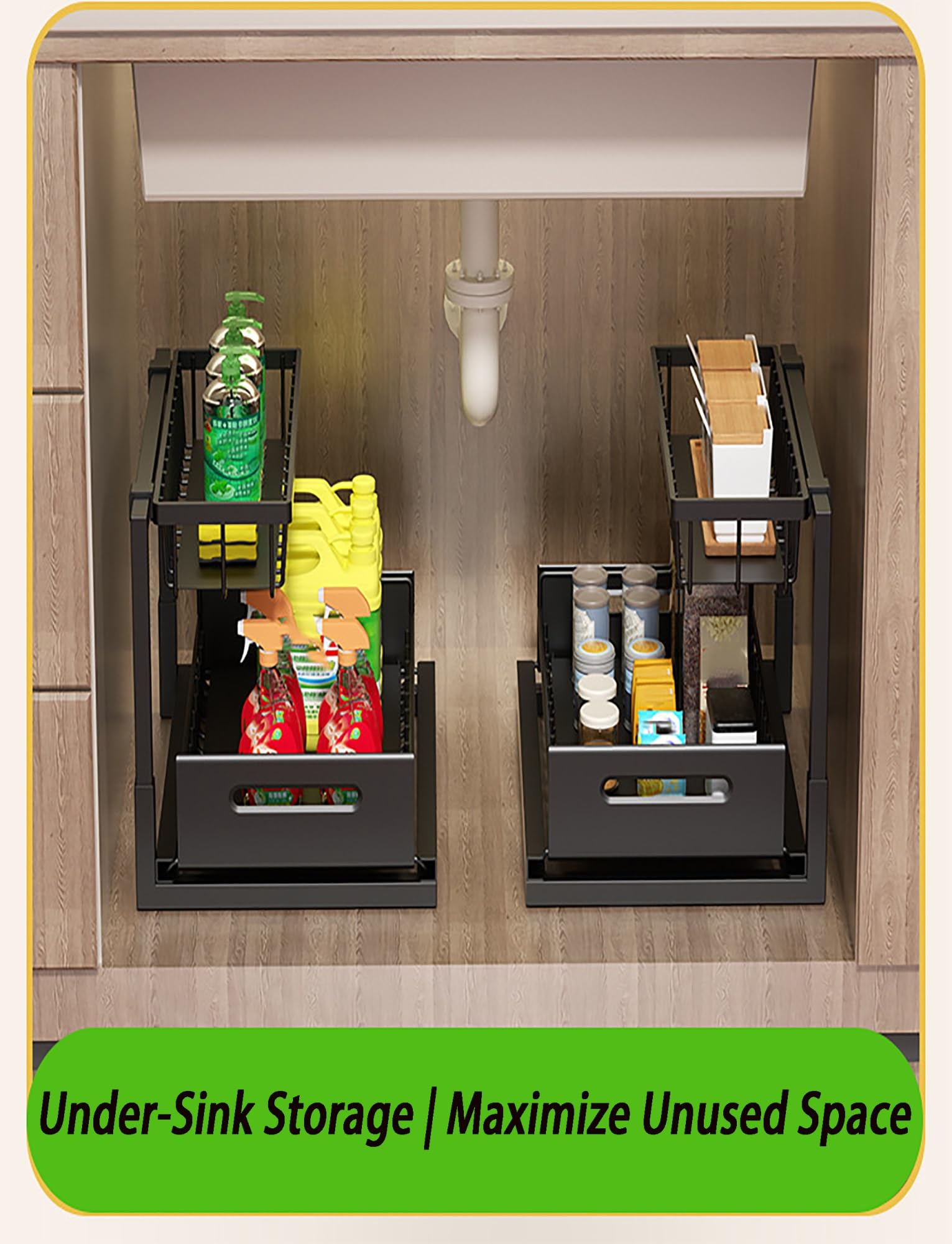 Generico Organizzatore for armadietto estraibile a forma di L a 2 livelli, ripiano for cassetto estraibile for mobiletto del bagno della cucina, scaffale salvaspazio sotto(Black)