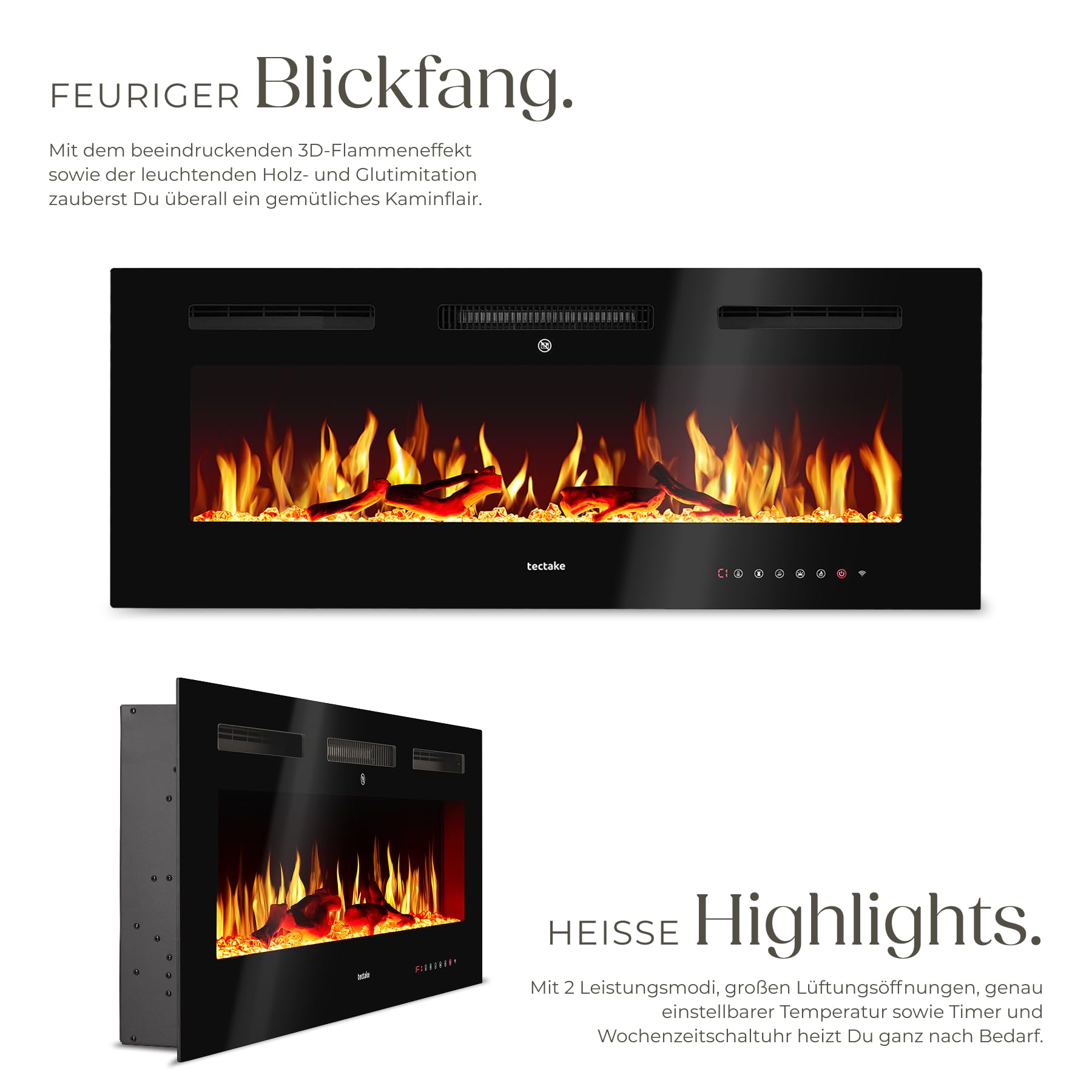 tectake® Elektrokamin Wand, elektrischer Kamin, 2 Heizstufen 900W/1800W, 3D Flammeneffekt, viele Farbeinstellungen, Kamin elektrisch mit Fernbedienung, App Steuerung, Thermostat - 106,5 x 12 x 43 cm