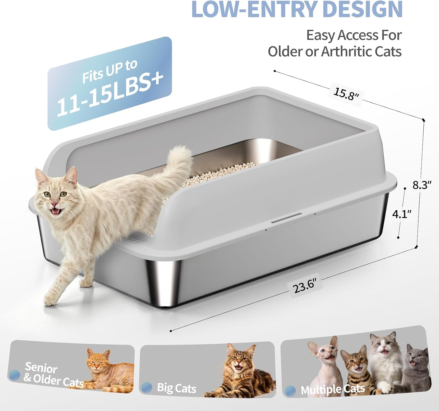 2 Pack XL Stainless Steel Litter Box with Lid, Extra Large Metal Litter Pan for Multi Cats, High Sides with Anti-Leakage Enclosure, Easy Cleaning, Non-Stick, Odor Control,Include Scoops