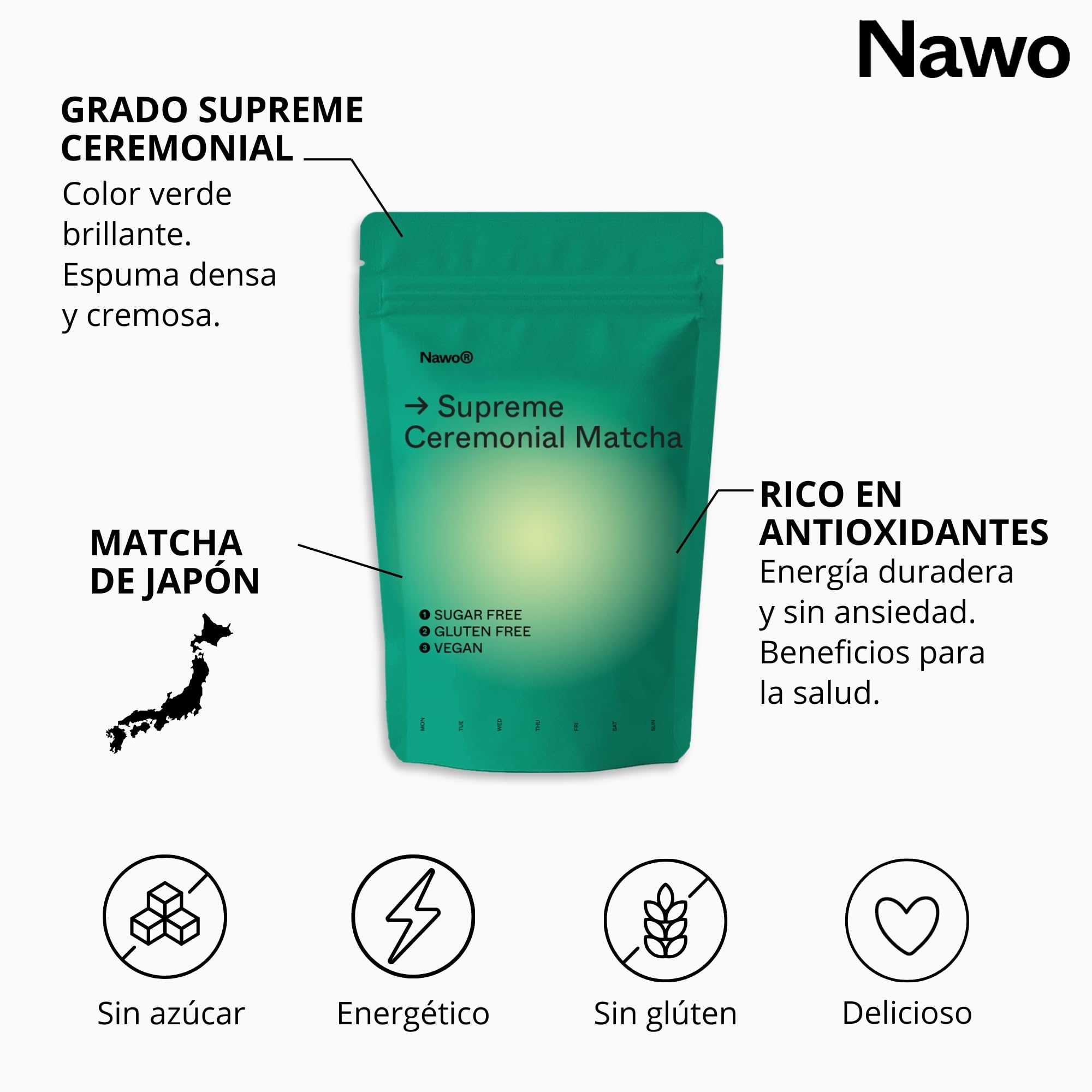 Matcha Ceremonial Supreme 250g – Té Verde en Polvo de Japón – Grado Ceremonial – Original – Primera Cosecha – Matcha Latte – Sin Amargor – Analizado en Laboratorio – Sin Azúcar – NAWO® Matcha