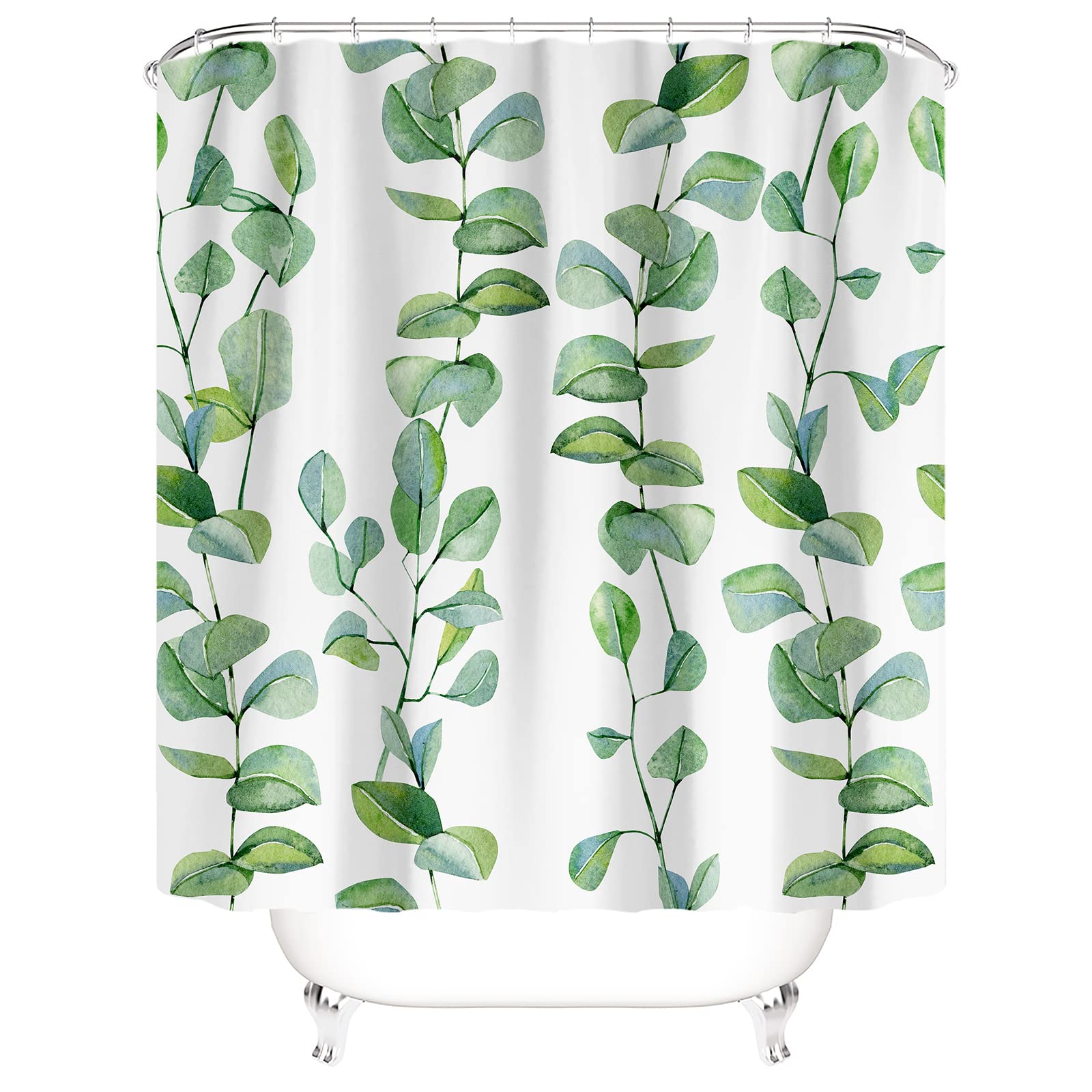 Rideau De Douche Anti-Moisissure Feuilles Eucalyptus - 180x180 Cm, Imperméable Polyester, Vert Bleu Blanc, Avec 12 Anneaux