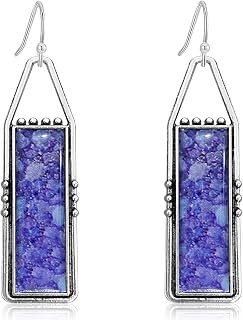 Handmade Bohemian Tribal Retro Colorful Square Bar Dangle Drop Earrings National Style Lightweight Vintage Silver Geometry Hook Earrings for Women