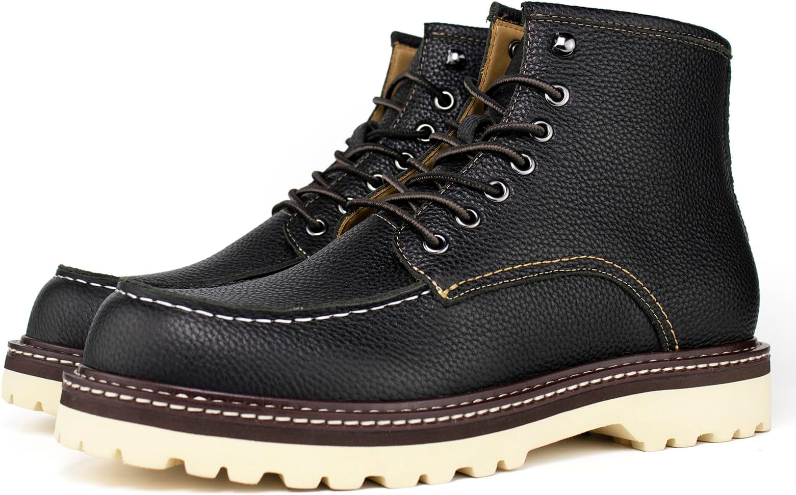 6” Moc Toe Work Boots for Men - Soft Toe, Premium Full-Grain Leather with Slip-Resistant Outsole and Comfort Insole Sturdy Lace-Up Ankle Boots for Work & Casual Wear