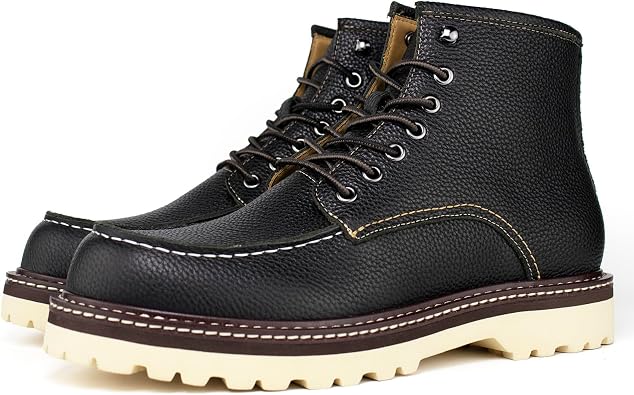 6" Moc Toe Work Boots for Men - Soft Toe, Premium Full Grain Leather with Anti-Slip Outsole and Comfort Insole Solid Lace Up Ankle Boots for Work & Casual Wear, Litchi Black, 9