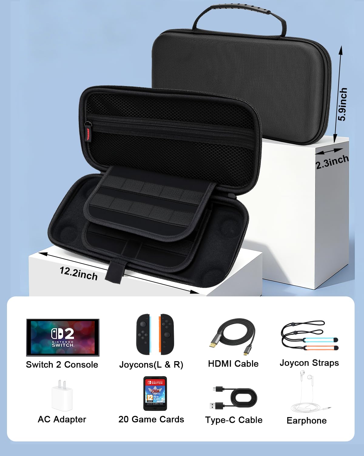 BOCACUE Carrying Case for Nintendo Switch 2(2025), 9 in 1 Accessories Bundle with 2 Screen Protectors, 4 Thumb Grip Caps, Protective Hard Shell Portable Travel Case for Switch2 with 20 Game Cartridges - Image 2