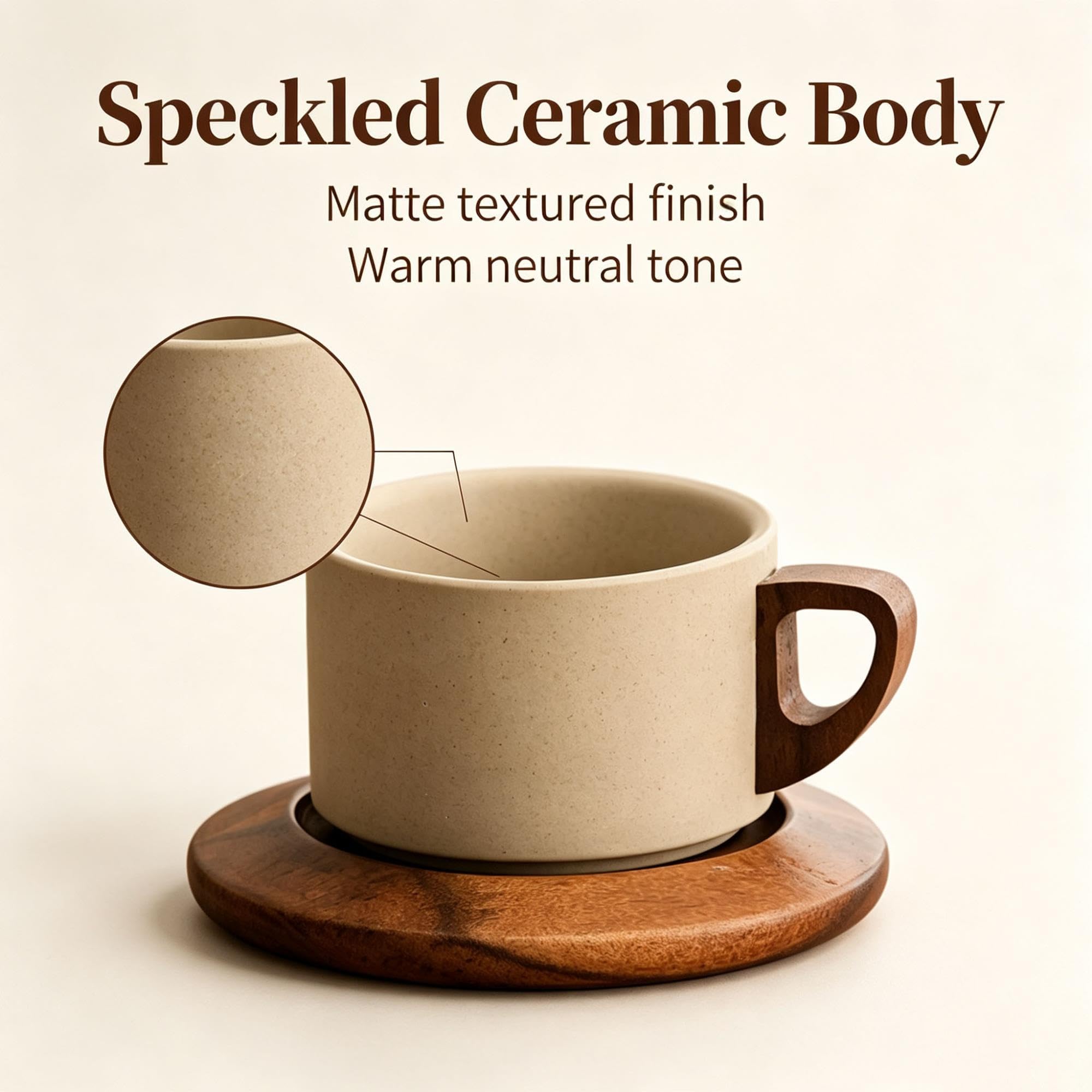 Tasse à café rétro, tasse à café en porcelaine, avec sous-verres en bois