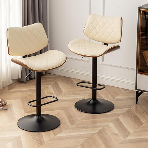 Miniatura 9 de LUNLING Juego de 2 taburetes de bar modernos de mediados de siglo, altura de mostrador, tapizados de cuero negro, sillas de bar giratorias de 360