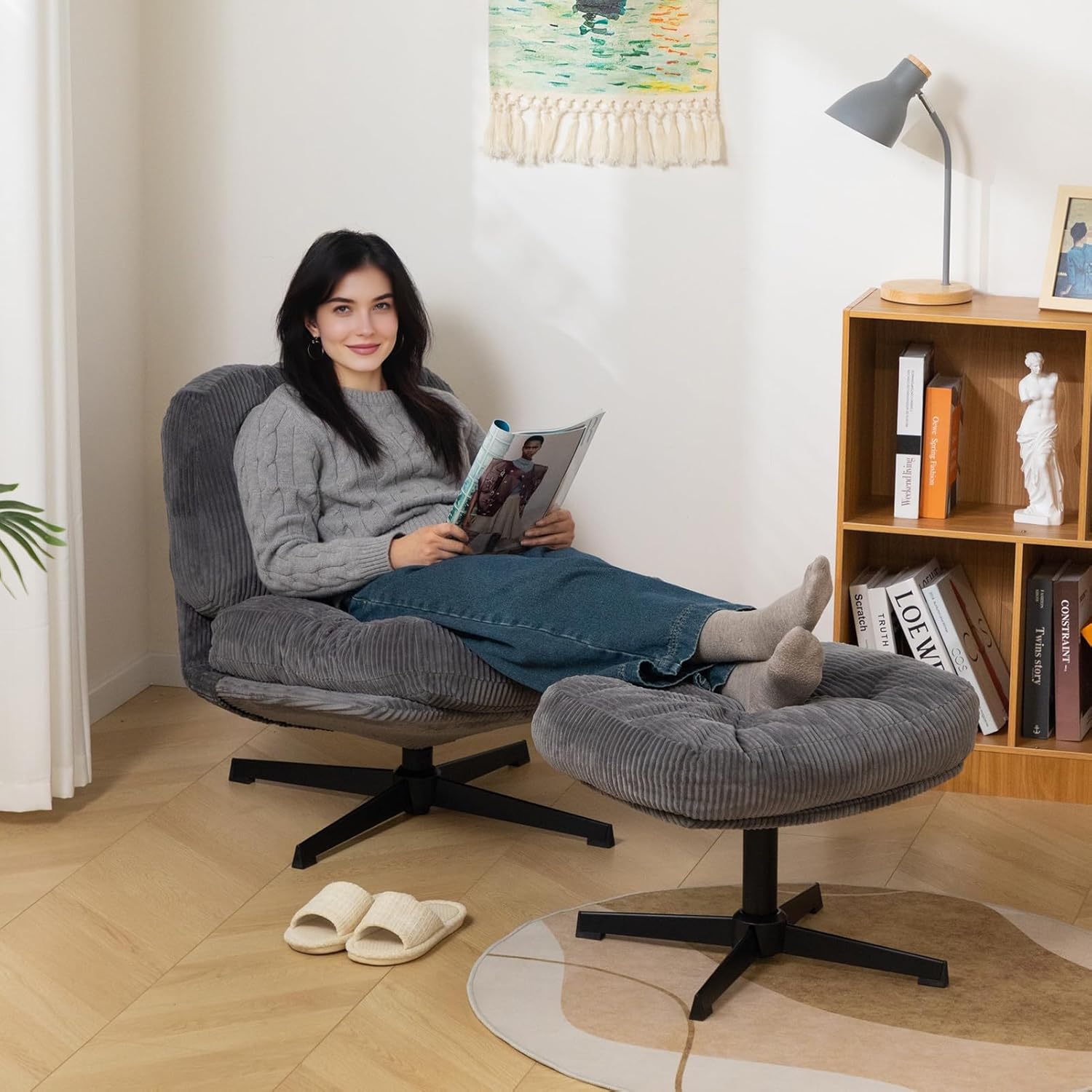 HollyHOME Modern 360°Swivel Accent Chair with Ottoman, Upholstered Comfy Reading Chair and Footstool, Fabric Lazy Chair with Soft Cushion, Lounge Sofa Chair for Living Room, Bedroom, Dark Grey Dark Grey With Footrest Chair with Footstool