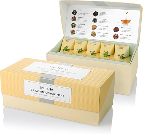 Tea Forté Tea TASTING Surtido Caja de presentación de muestra de té, caja de té variada, 20 bolsas infusoras de té piramidal hechas a mano - Té