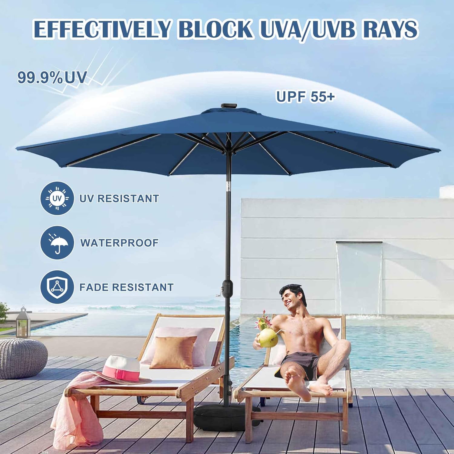 Sundale Outdoor Olefin 5-Year-Non-Fading Solar 80 LED 9 FT Solar Patio Umbrella with Sand Bag Base, Outdoor Umbrella with Tilt and Crank, Navy