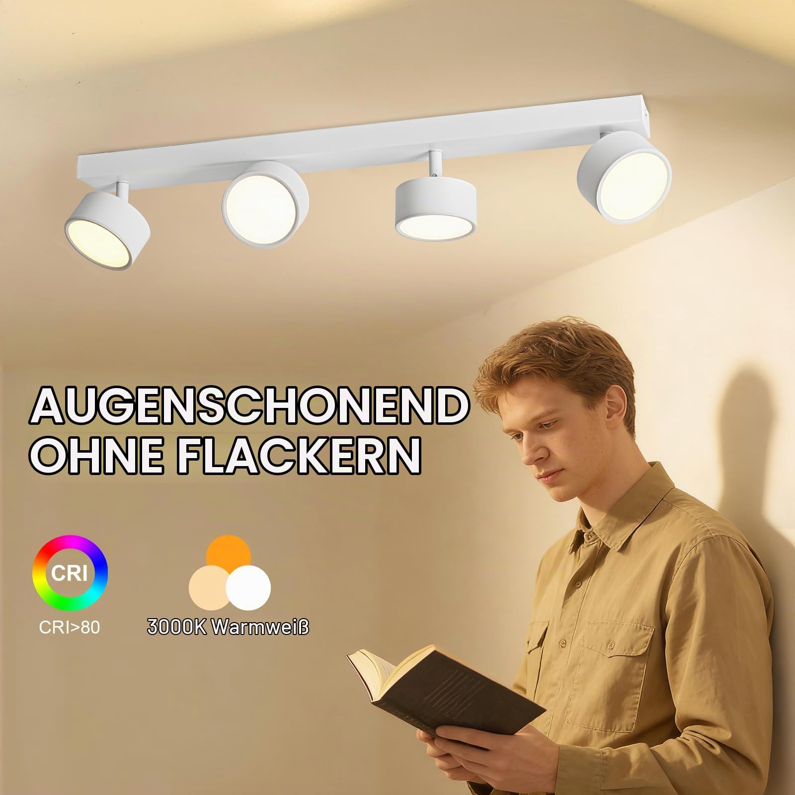 Deckenlampe LED 4 Flammig Deckenleuchte Wohnzimmer - Deckenstrahler Deckenlampe Weiß 24W Warmweiß LED Deckenspot Modern Schwenkbar Lampe Strahler Wandlampe für Flur Schlafzimmer Küche