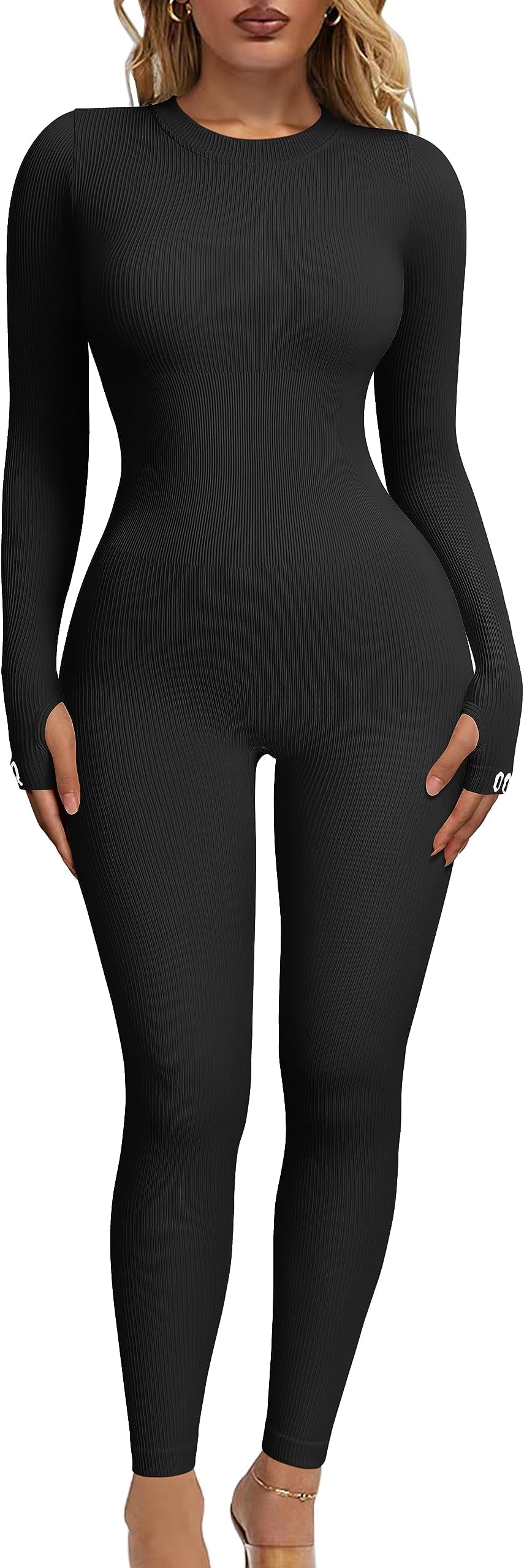 OQQWomen‘s Yoga Jumpsuits Ribbed Long Sleeve Crew Neck Tops Sport Jumpsuits