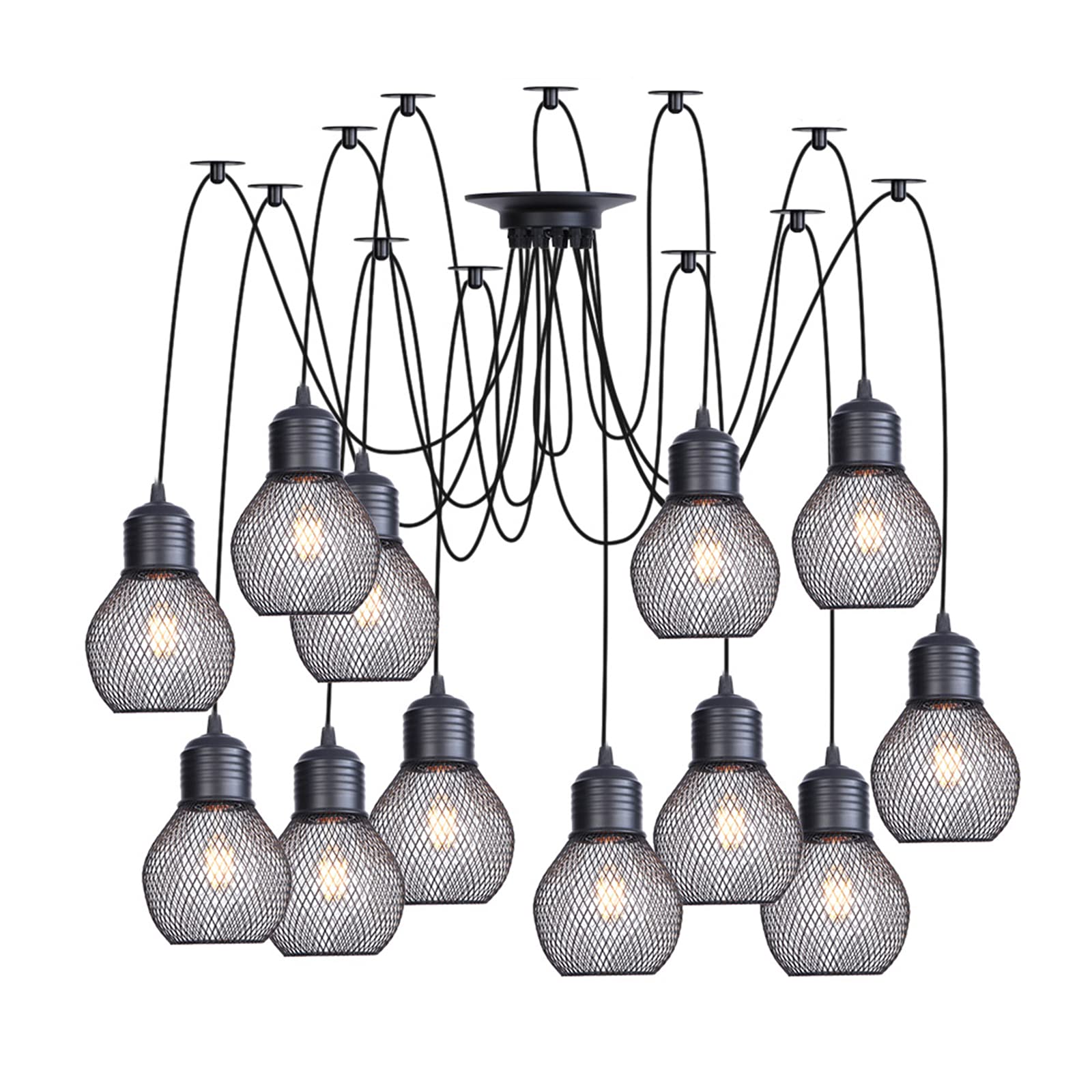 Lustre industriel vintage en métal noir et plafonnier réglable 14 lumières