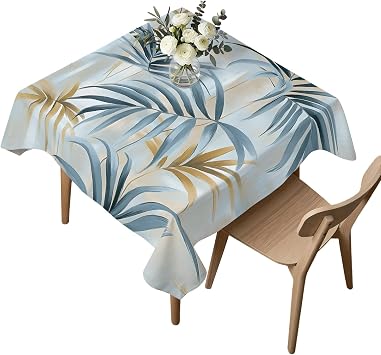 Square Tablecloth,Watercolor Blue Gold Leaves Waterproof Oil-Proof Table Cloth Kitchen Dining Tables Cover for Indoor Outdoor Wedding Holiday Party Decor,Modern Country Plants