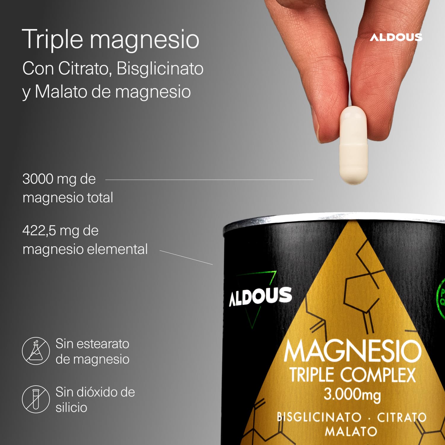 Magnesio Complex - 3000mg - Triple Magnesio Bisglicinato, Citrato y Malato - 200 Cápsulas - 422,5mg Elemental por Dosis - Alta Biodisponibilidad - Rendimiento, Energía, Bienestar - ALDOUS